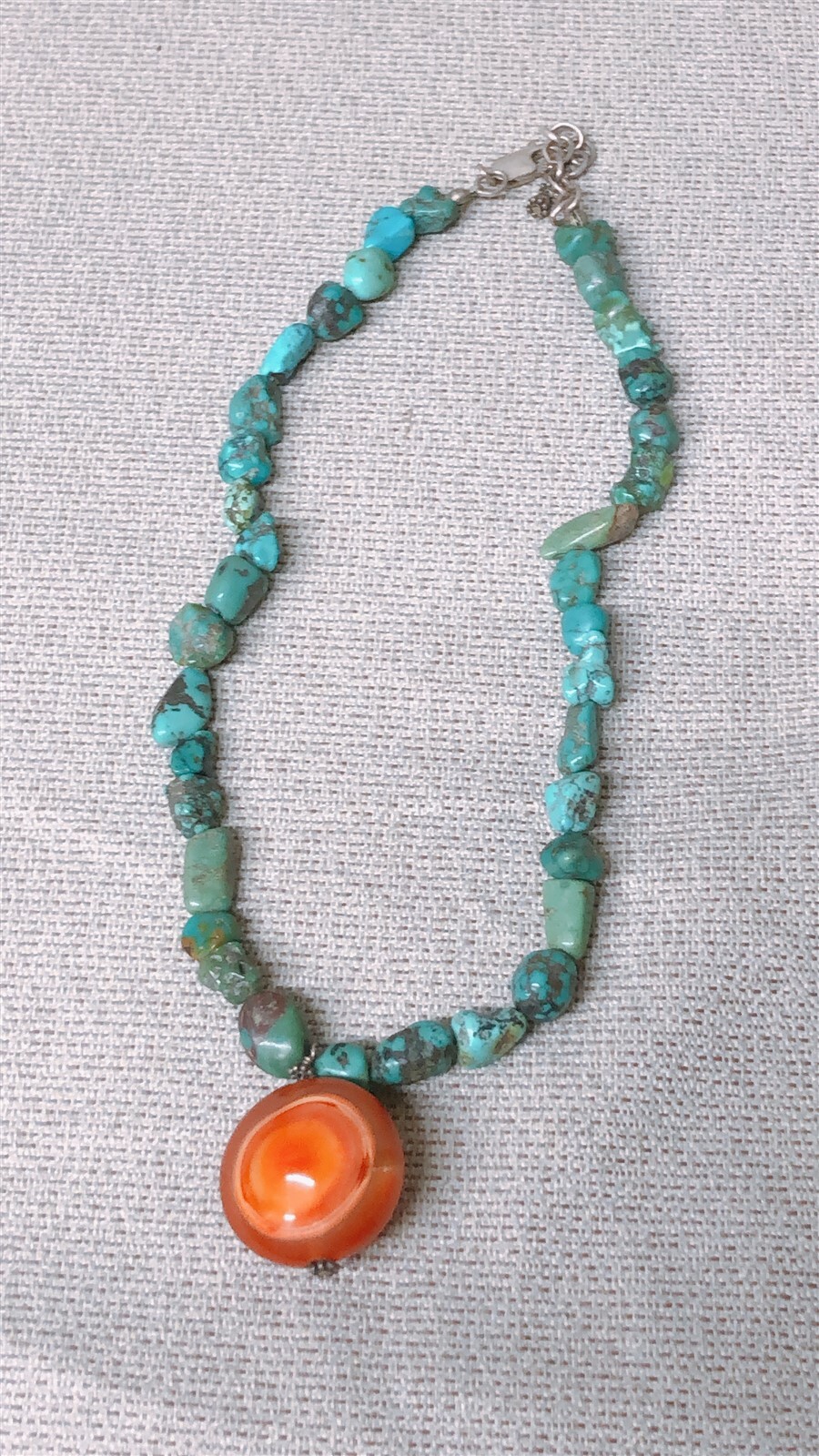 Turquoise Necklace w/Amber Pendant ~ Adjustable 16″-18″