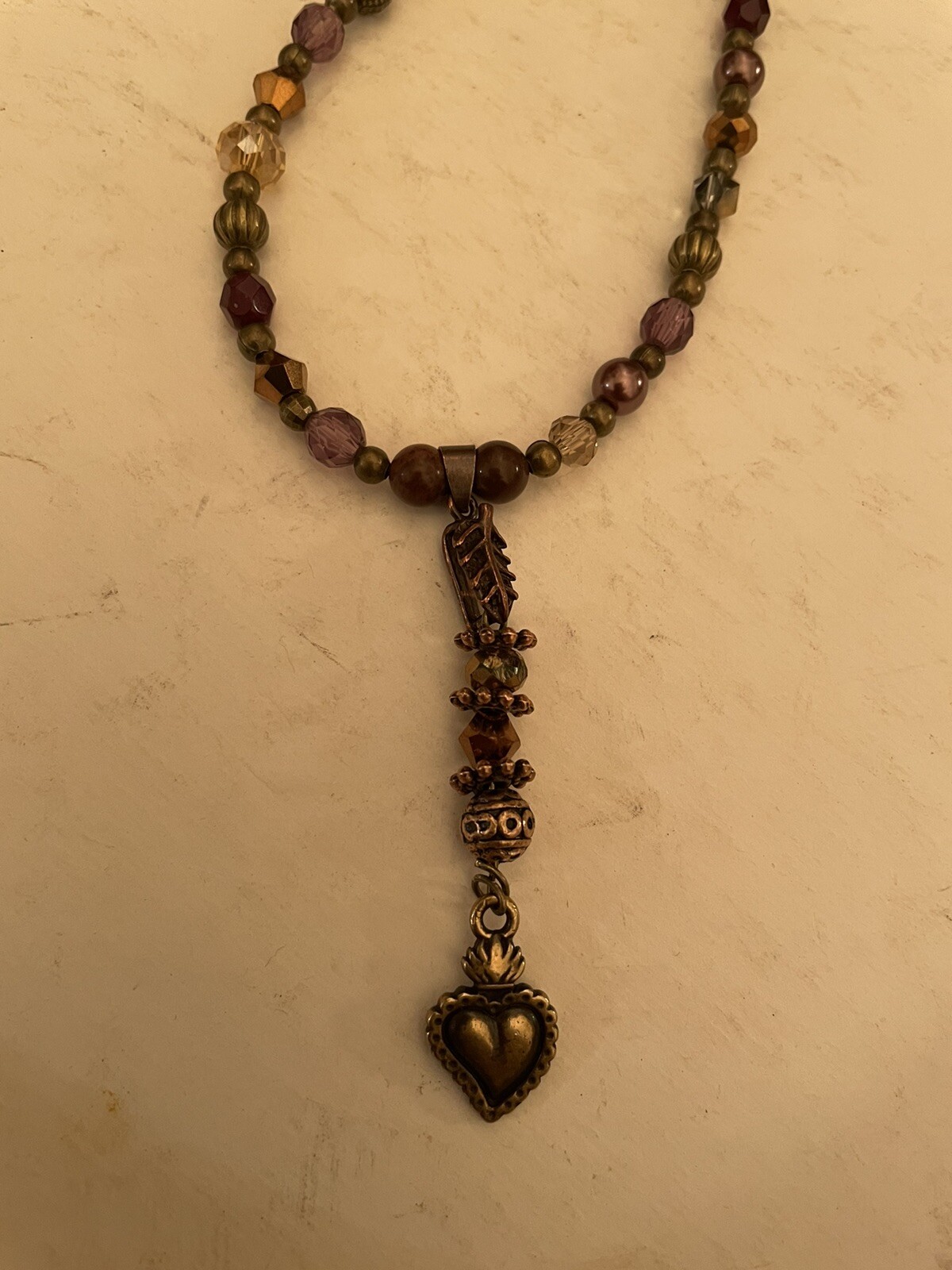 Retro Gothic Brass Heart Pendant Bronze Hematite Crystal Jasper Necklace