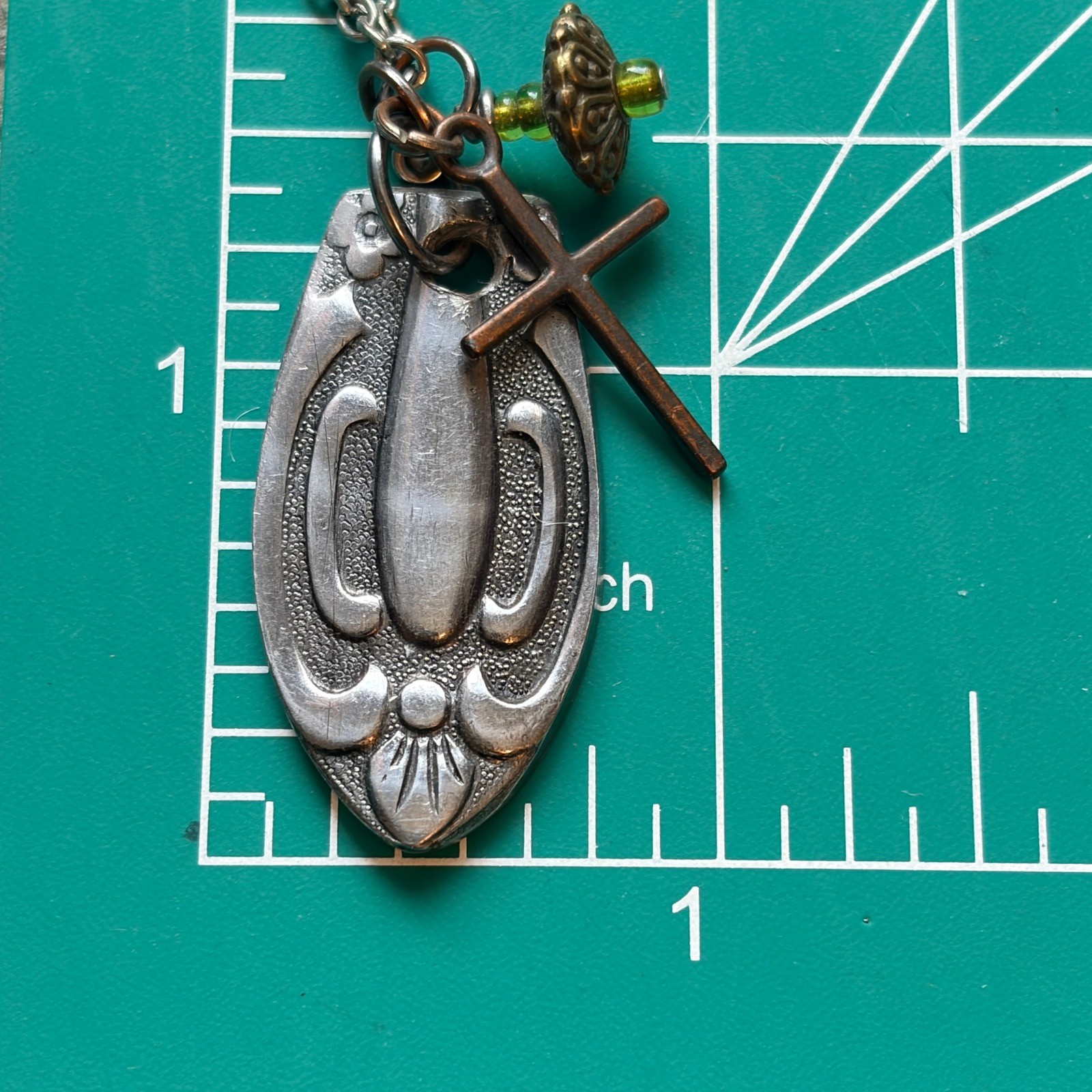 Vintage Art Nouveau Spoon Pendant Necklace Cross Charm 20″ Boho Artisan