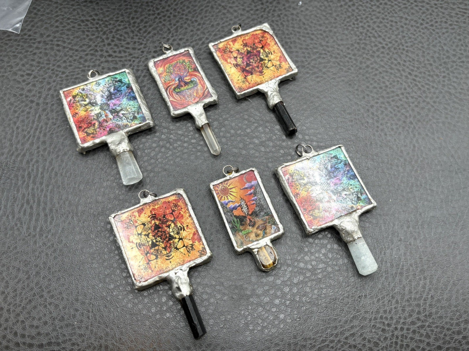 Lot Of 6 Unique Handmade Hippie Boho Festival Art Prints Crystal Drop Pendants