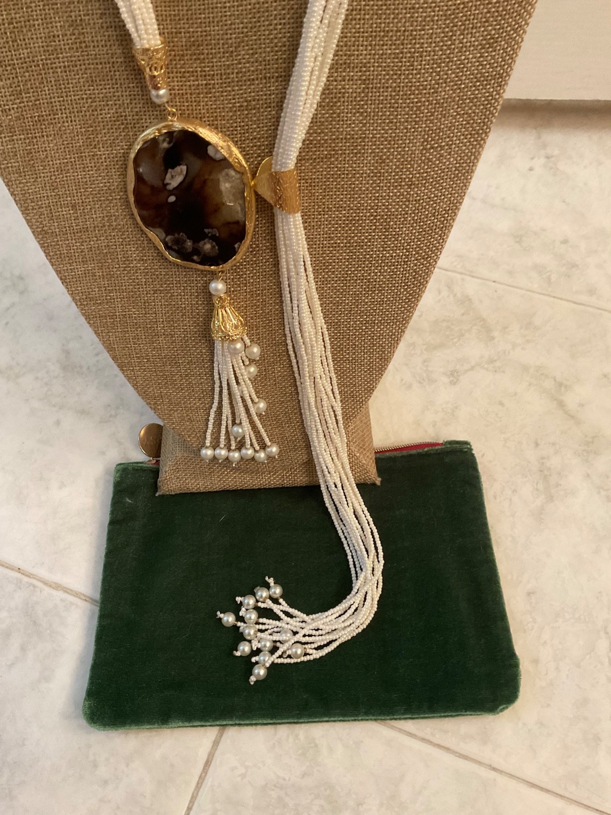 Handmade Necklace w/Long String of Pearls/Gold Plated w/STONE UNIQUE/from TURKEY