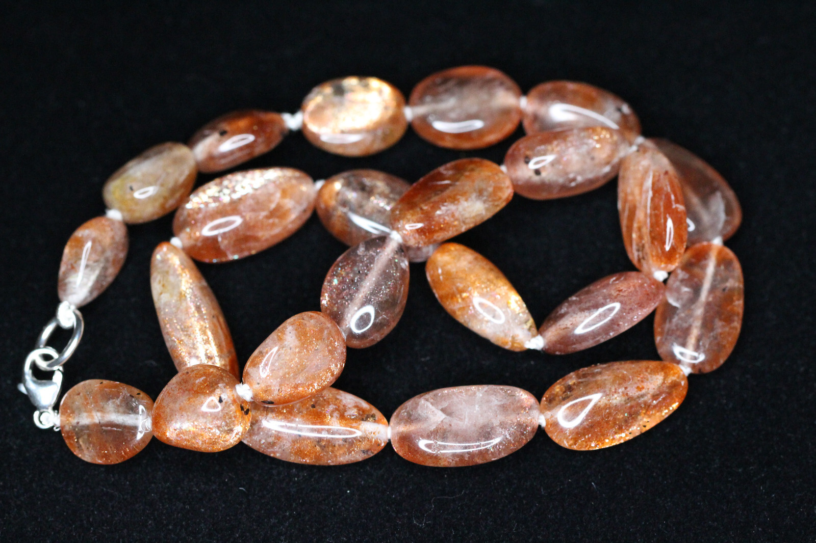 Sunstone Brown Orange Natural Gemstone Oval Hand Tied Silk Knotted Necklace 18″