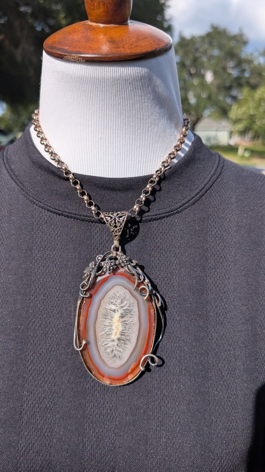 Large Artisan hand made floral & vine sterling silver & Brazilian Agate pendant