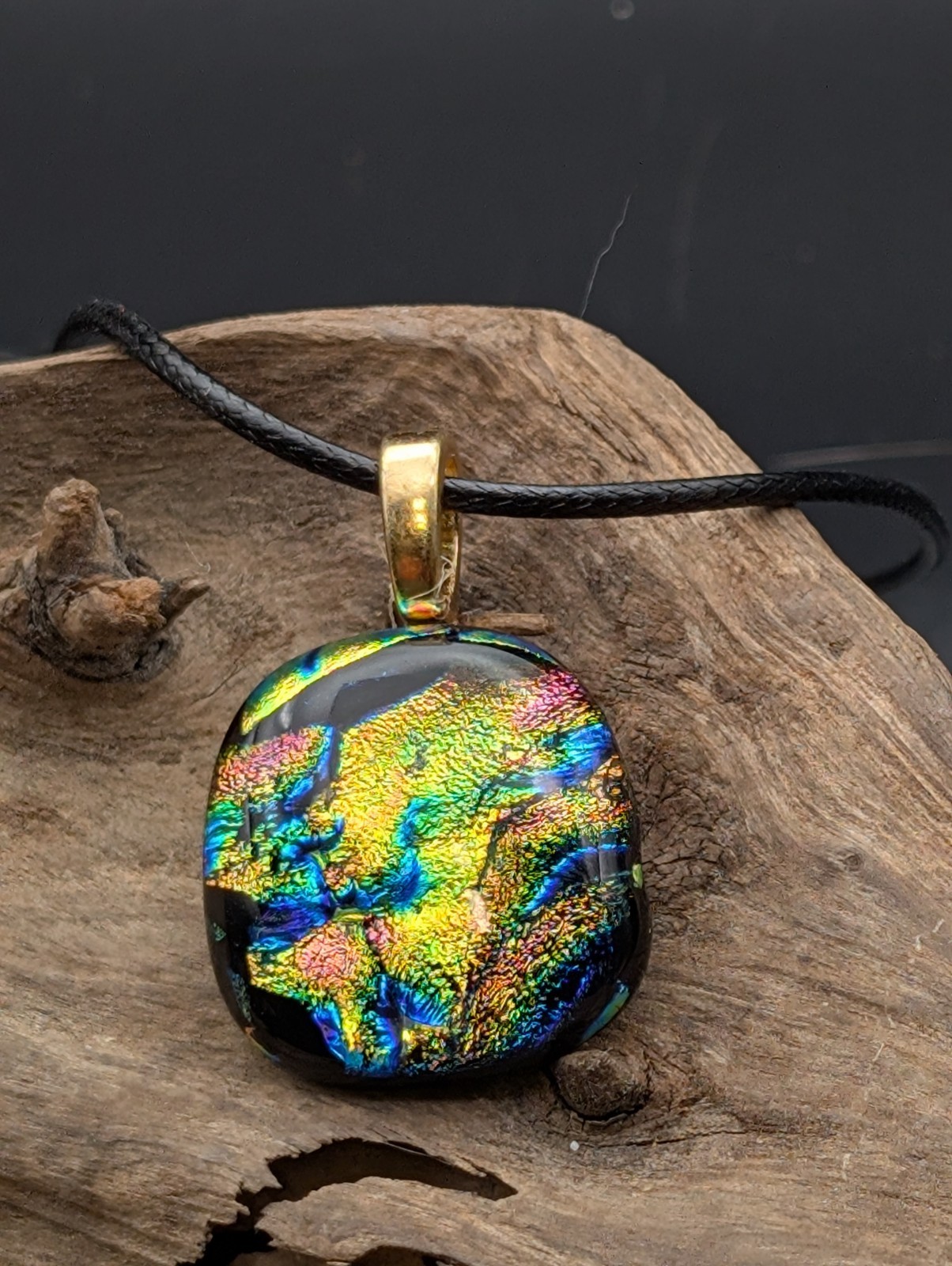 Pink And Gold Multicolor Glass Dichroic necklace With Gold Plated bail #211