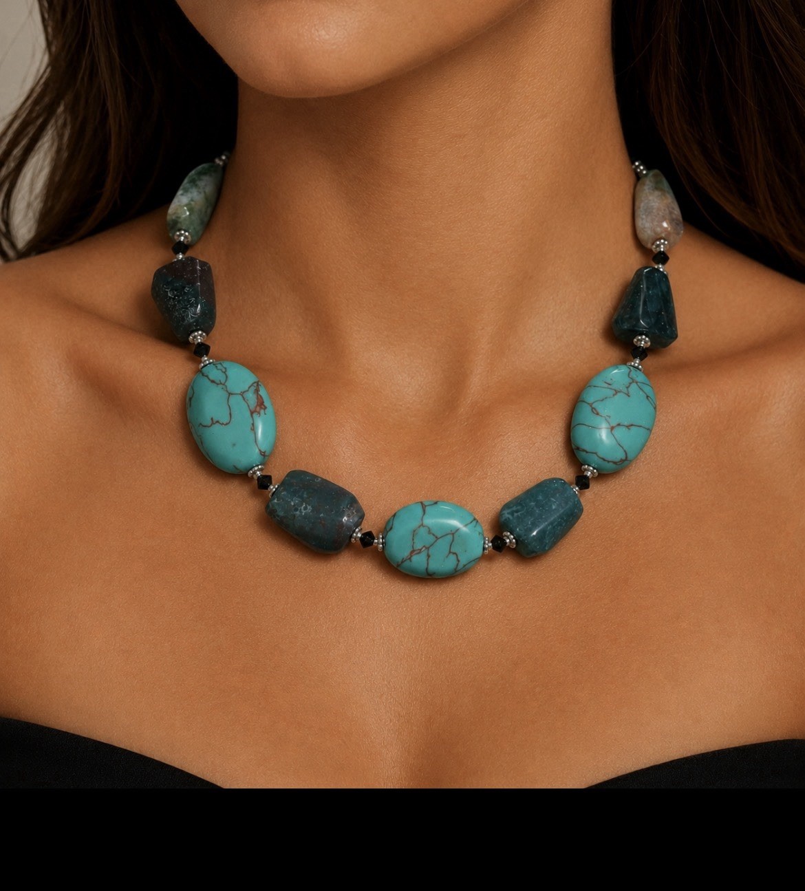 Handcrafted Mixed Stone Statement Necklace Blue Green Beads Toggle Clasp