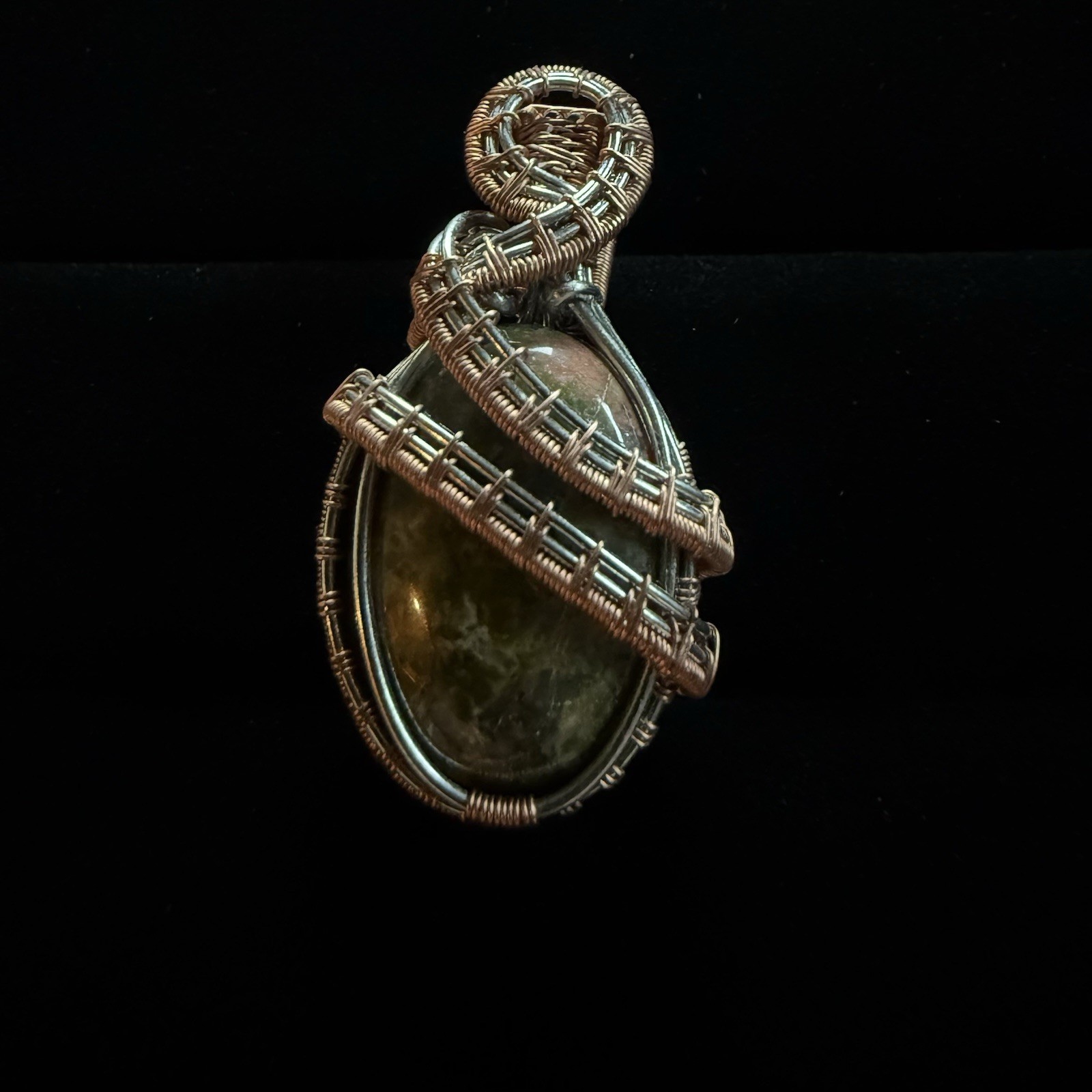 Handmade Unakite Wire Wrapped Pendant Copper Silver Mixed Metal Gemstone Oval