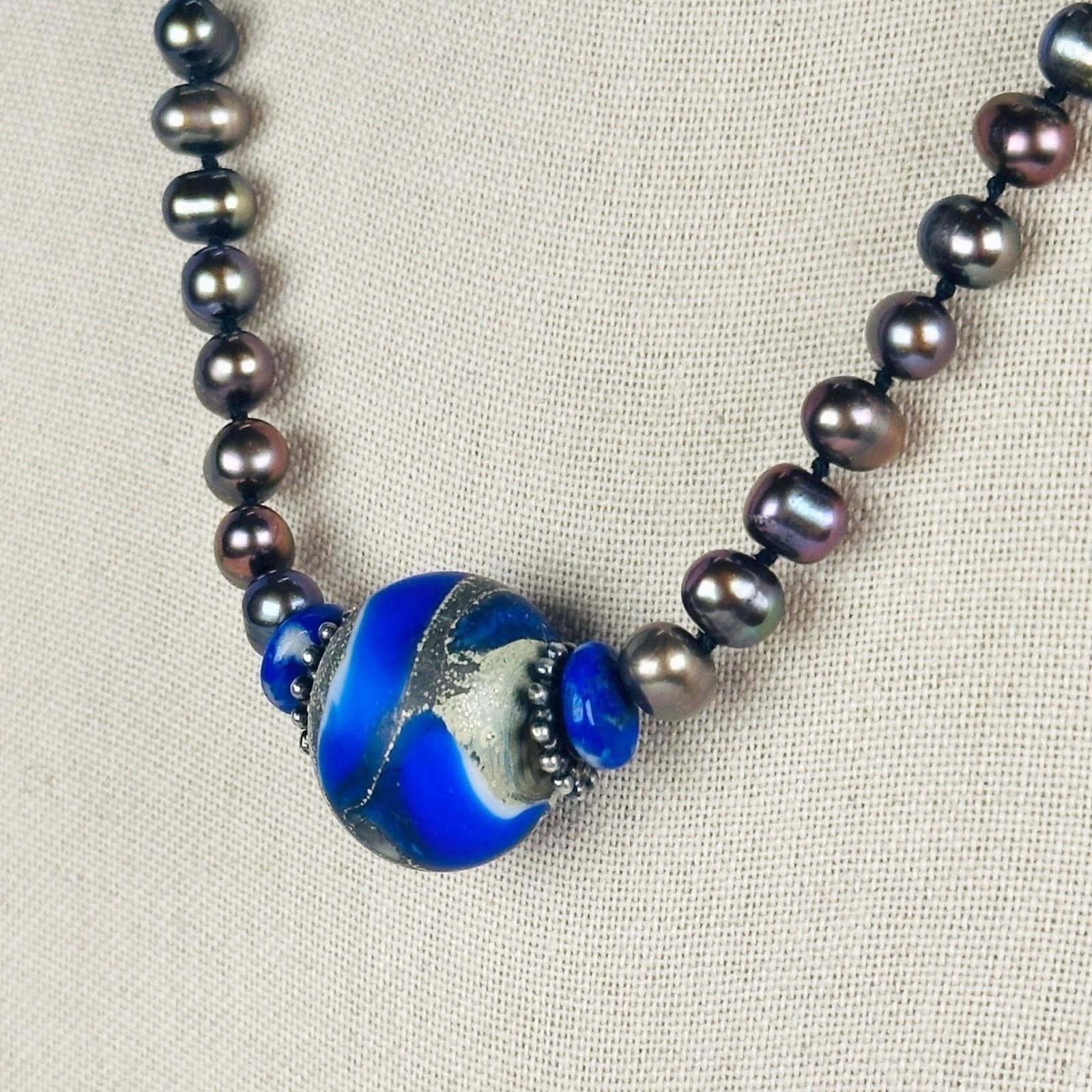 OOAK Peacock Pearl Cobalt Blue Art Glass Bead Statement Necklace S-Hook Clasp