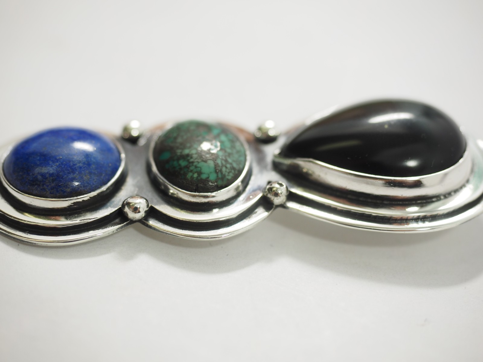 Great 3 stone Artisan Pendant Black Onyx Turquoise & Lapis Sterling Silver 3.3″