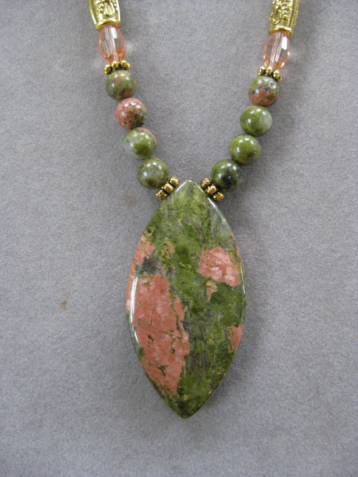 Lovely Small Unakite Jasper Pendant Necklace with Genuine Unakite Beads