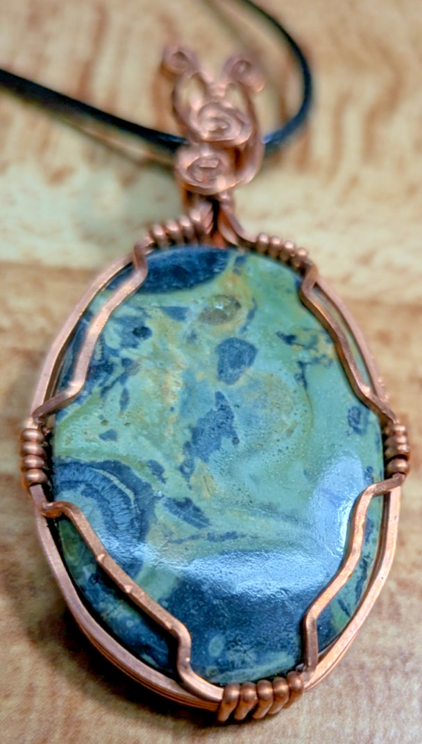Kambaba jasper necklace copper wire wrapped pendant Design By We 18″ nylon cord