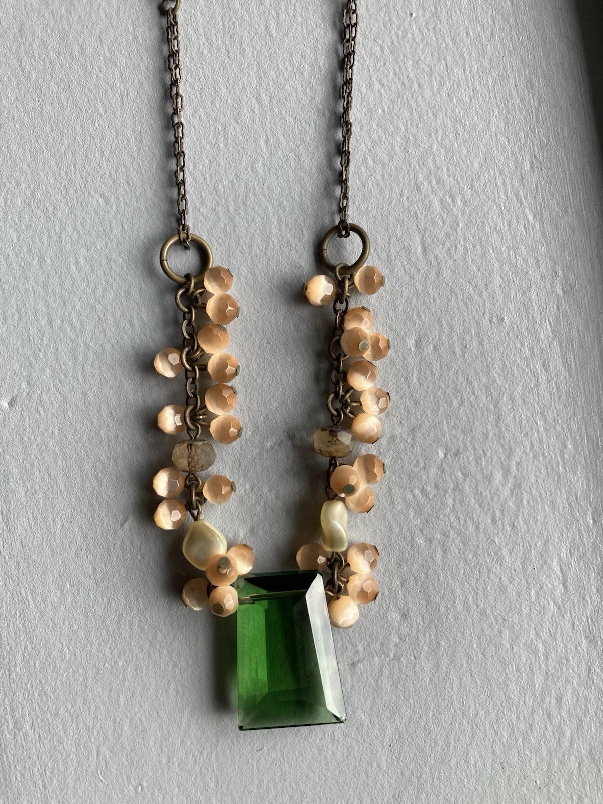 Rare. Vintage Artisan Cats-Eye Glass, Big Emerald Green Pendant, Brass Necklace.