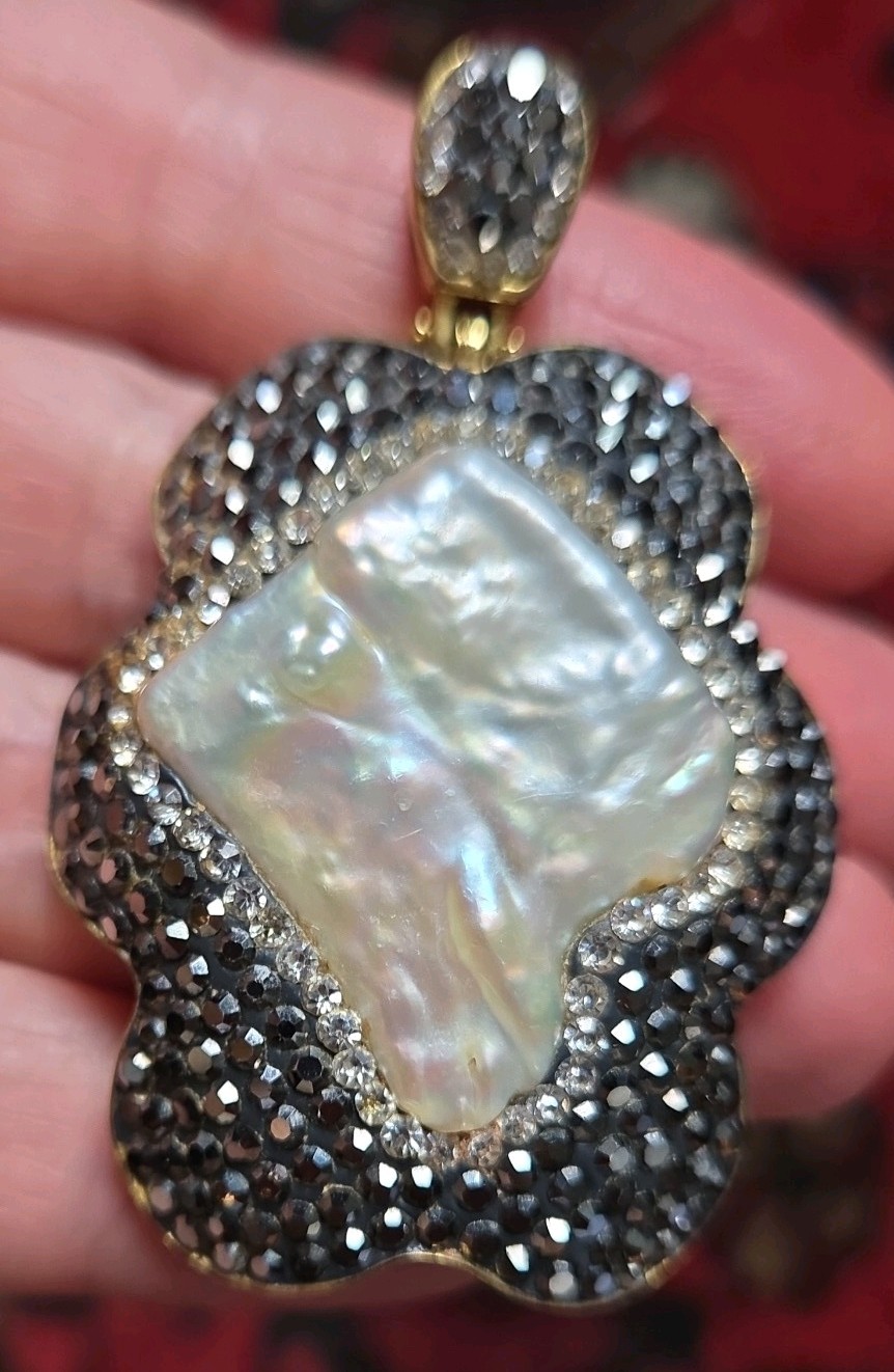 Baroque Coin Blister Pearl Statement Pendant With Hematite? Rhinestones 2.25″