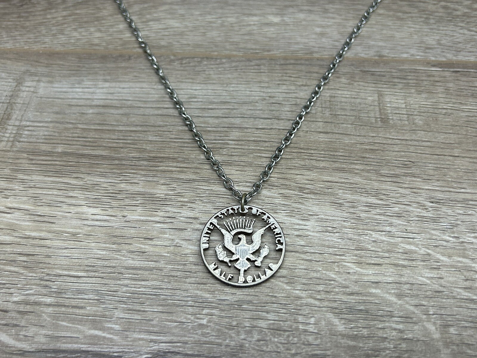 Vintage United States Of America Half Dollar Eagle Hand Cut Pendant Necklace