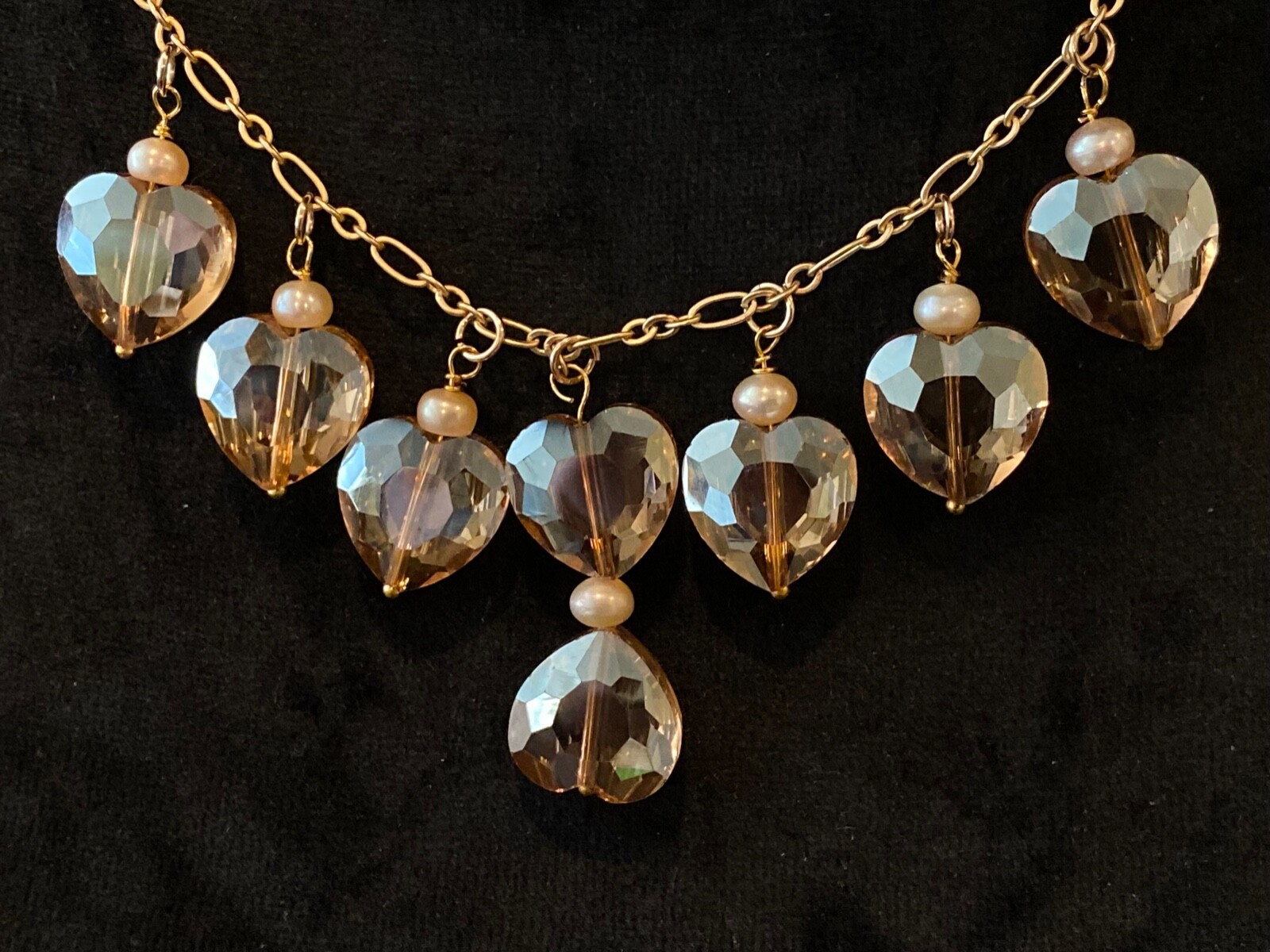 Sparkling Necklace with Antiqued Rose Crystal Hearts, Pearls, Gold Plated, LJN73