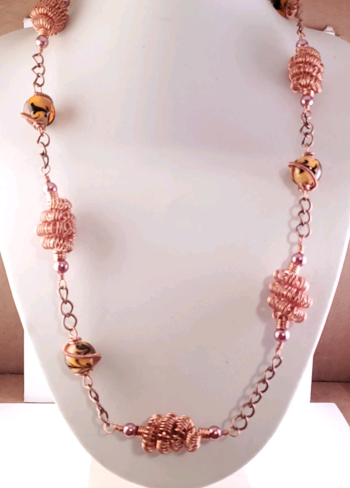 Handmade Copper Wire Wrapped Necklace – 26″ – Glass Beads – Boho Steampunk