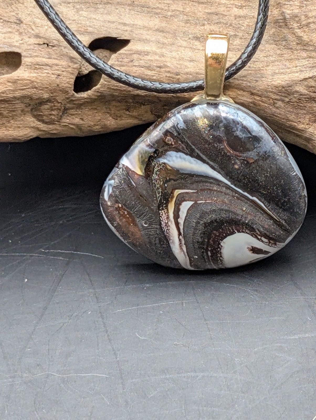 Black And White Glass Dichroic necklace With Gold Plated bail #208