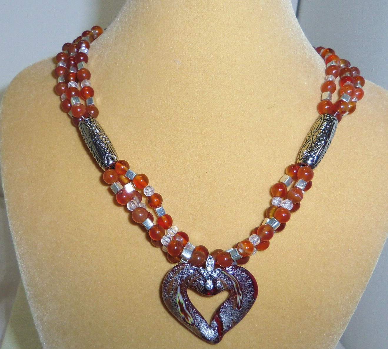 Carnelian beads Lampwork glass heart pendant handmade necklace jewelry new N129