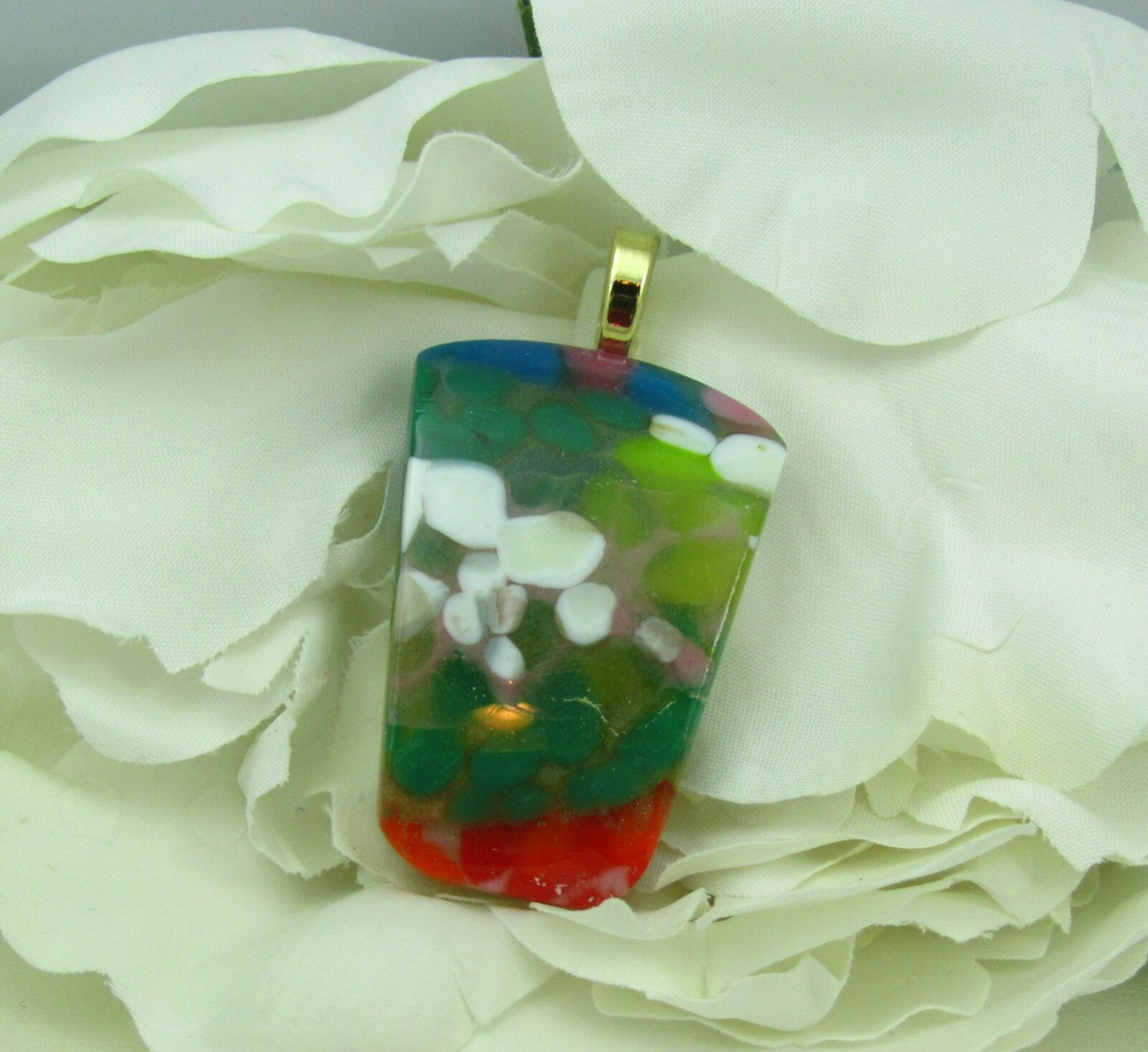 Fused glass pendant, glass nuggets of greens, blue,white, red, yellow p1244 p4s