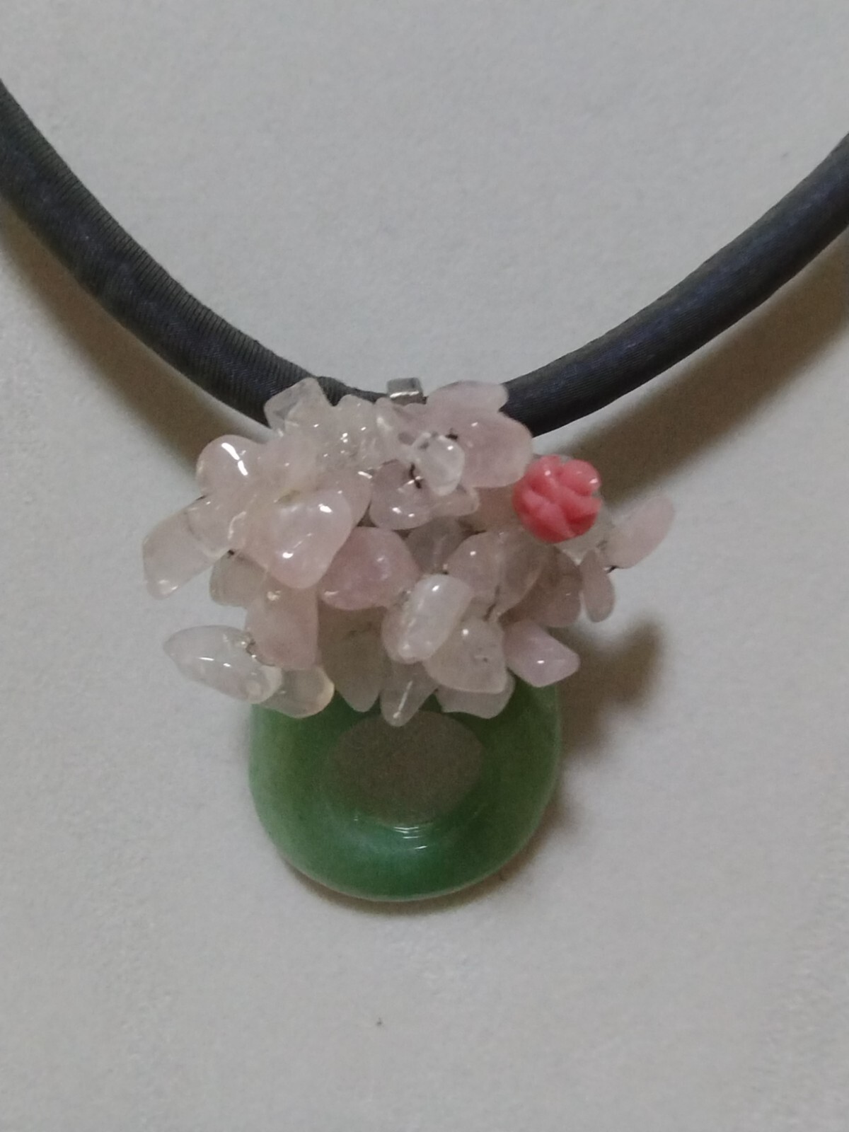 Artisan Jade and Rose Quartz Brooch/Pin Pendant on Gray Cording Necklace
