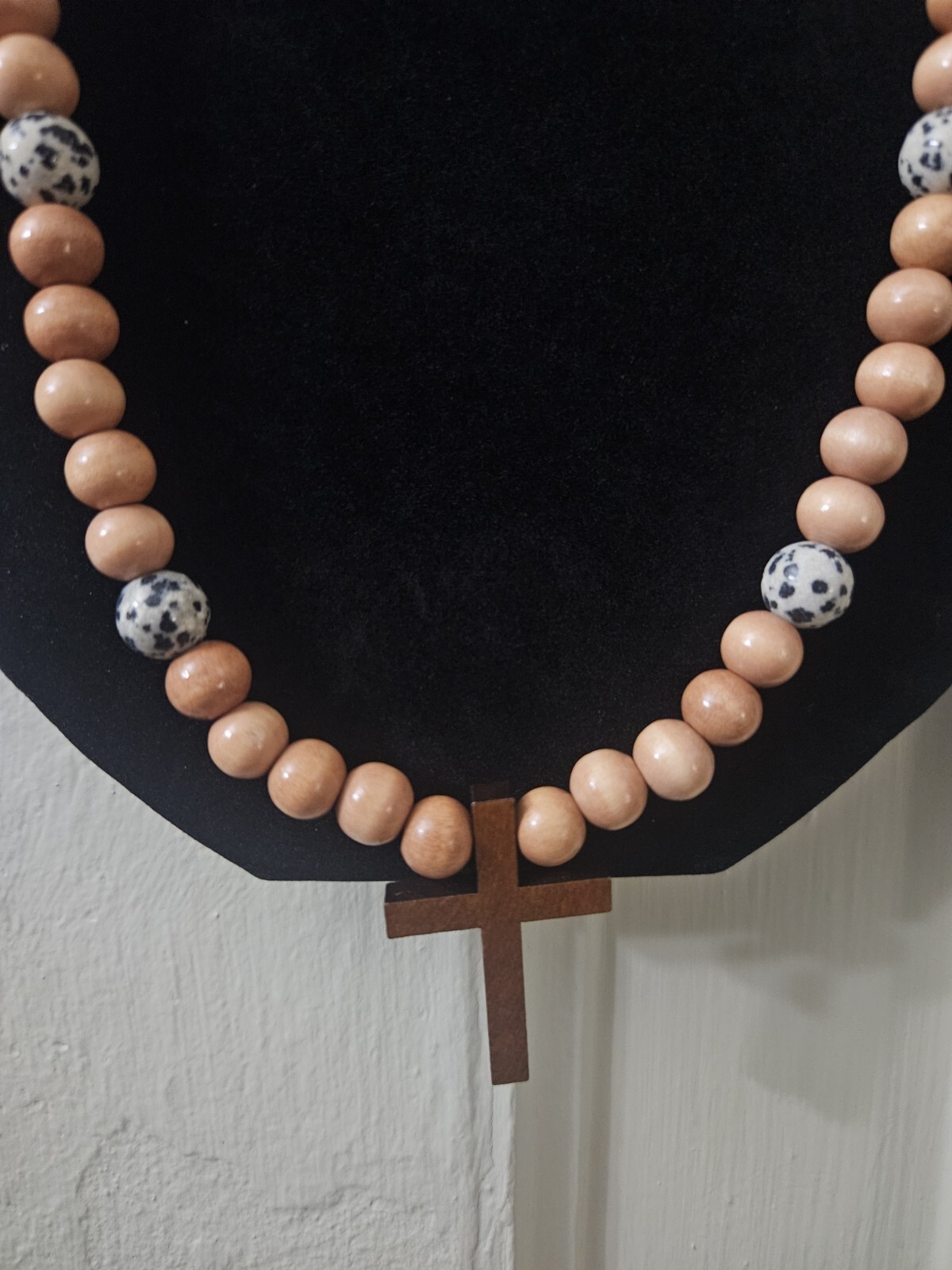 Handmade Pink Wood Bead Natural Stone Dalmation Jasper Cross Necklace 26inch…