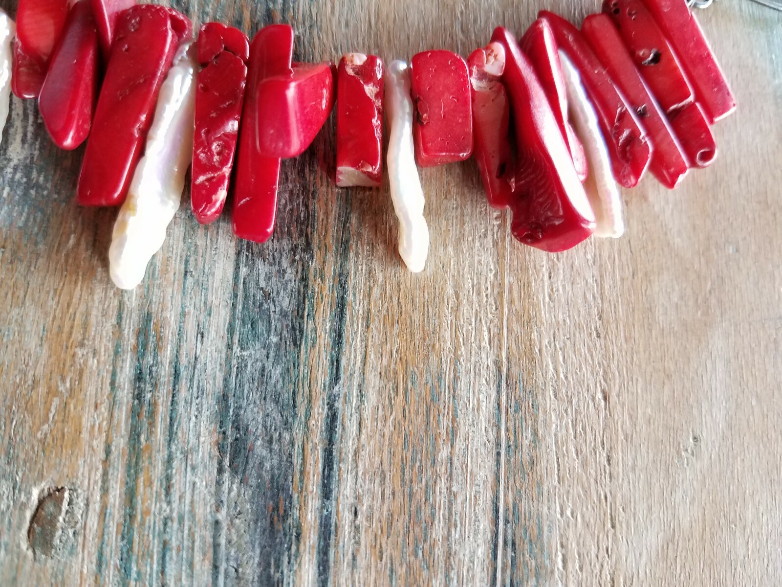 Chunky Dyed Red Bamboo Coral Freshwater Pearl Spikes Strand Necklace 20.5″