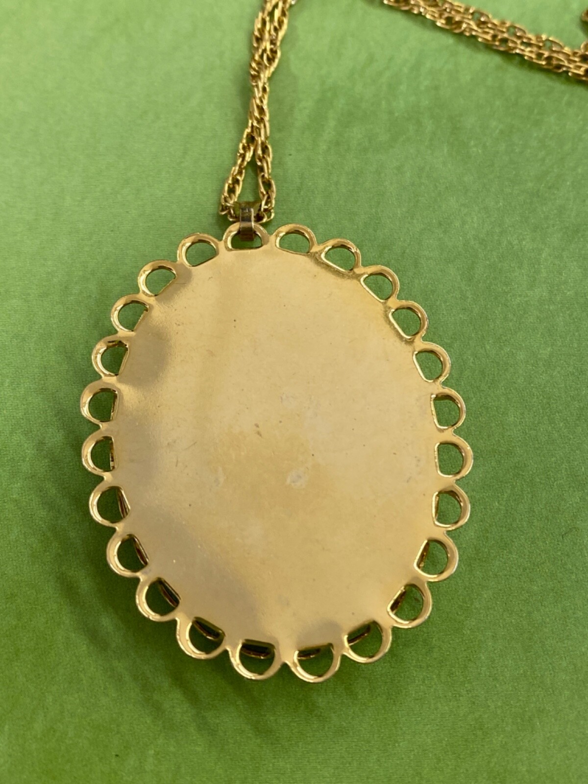 Vintage Hand Painted Egg Shell Pendant Necklace with Gold Tone Chain Old Barn