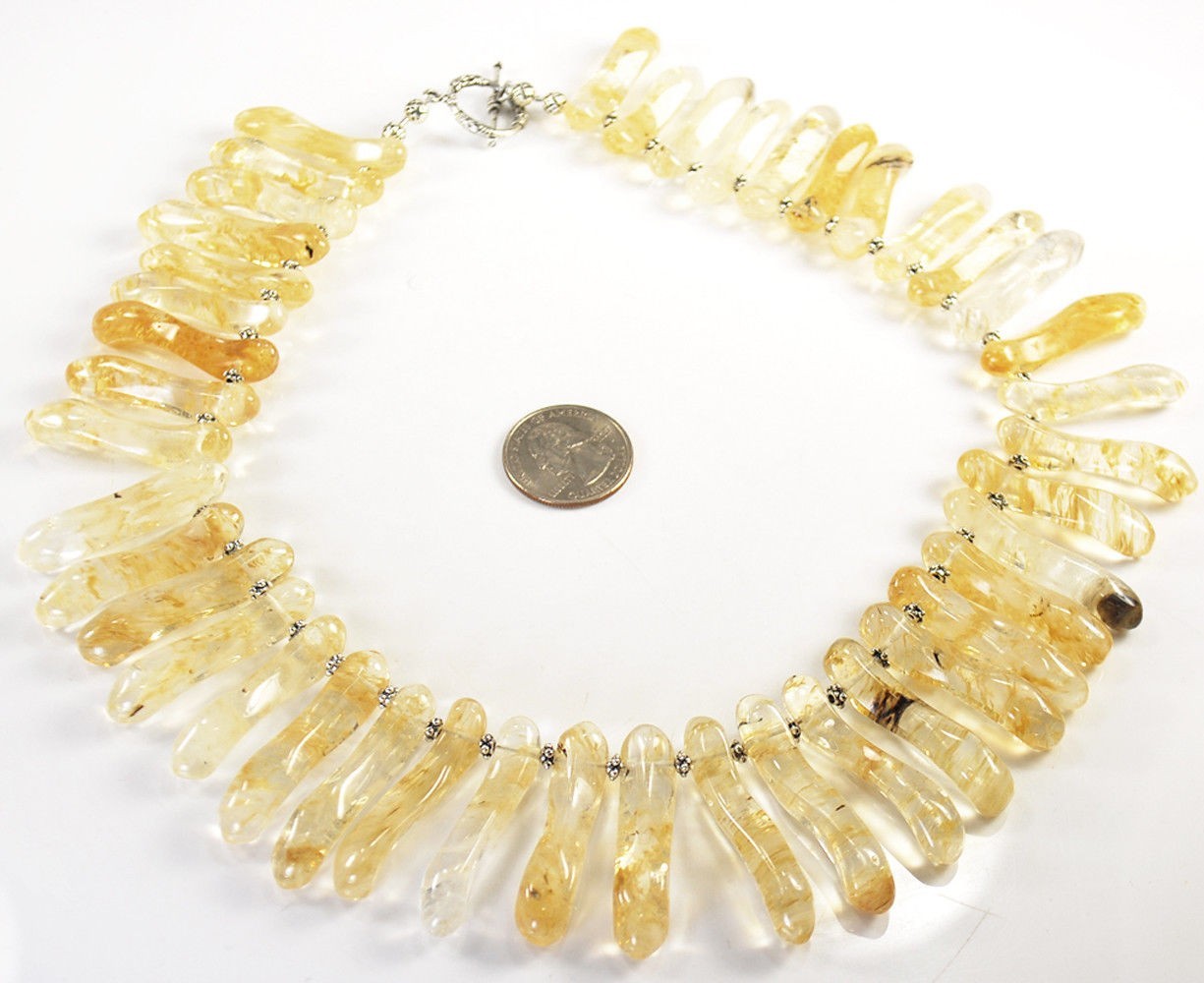 Women Fashion Yellow Tourmalinated Quart Branch Huge Silver Necklace 19″
