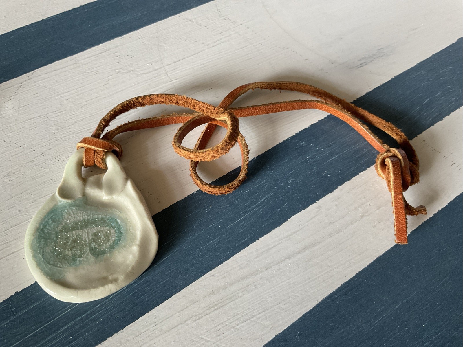 Handmade Ocean Inspired Painted Clay Pottery Pendant Necklace Leather Strap