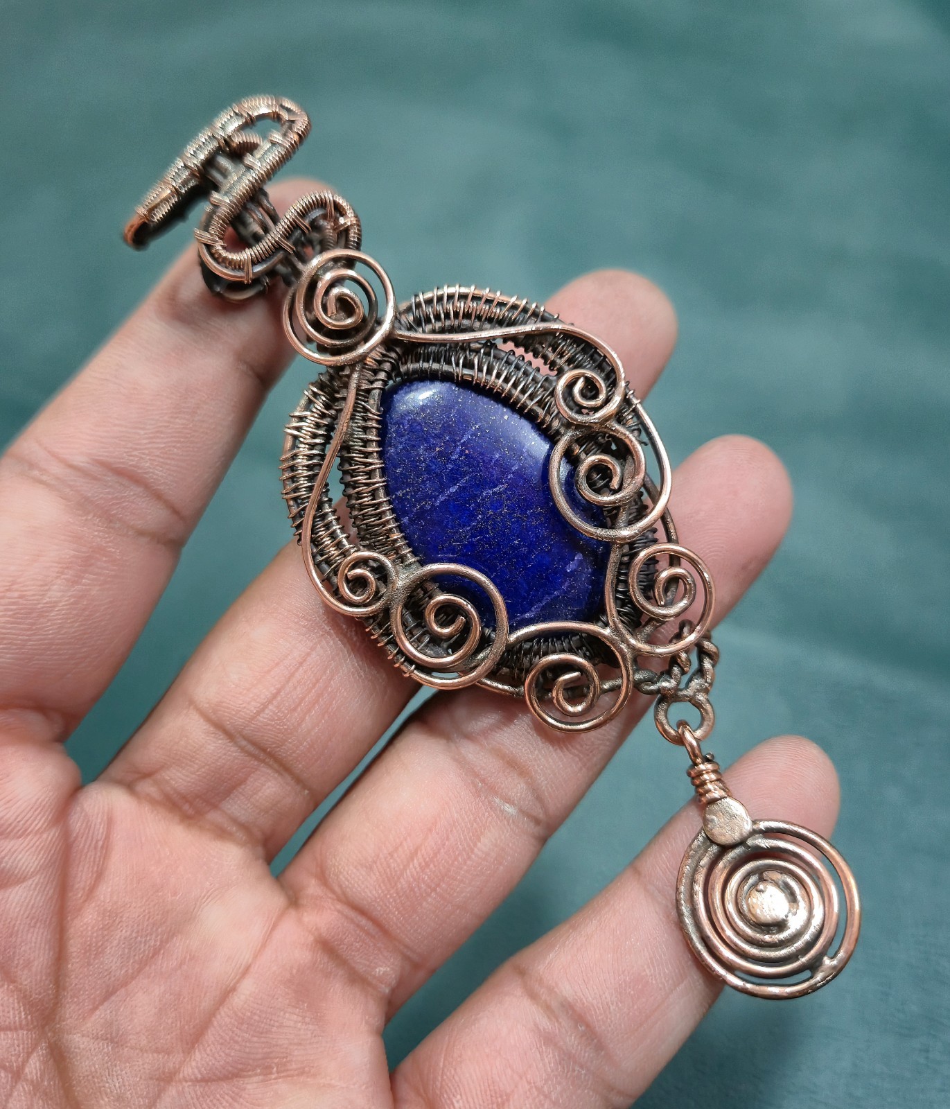 Lapis Lazuli Wire Wrapped Pendant Copper Handmade Statement Gemstone Jewelry