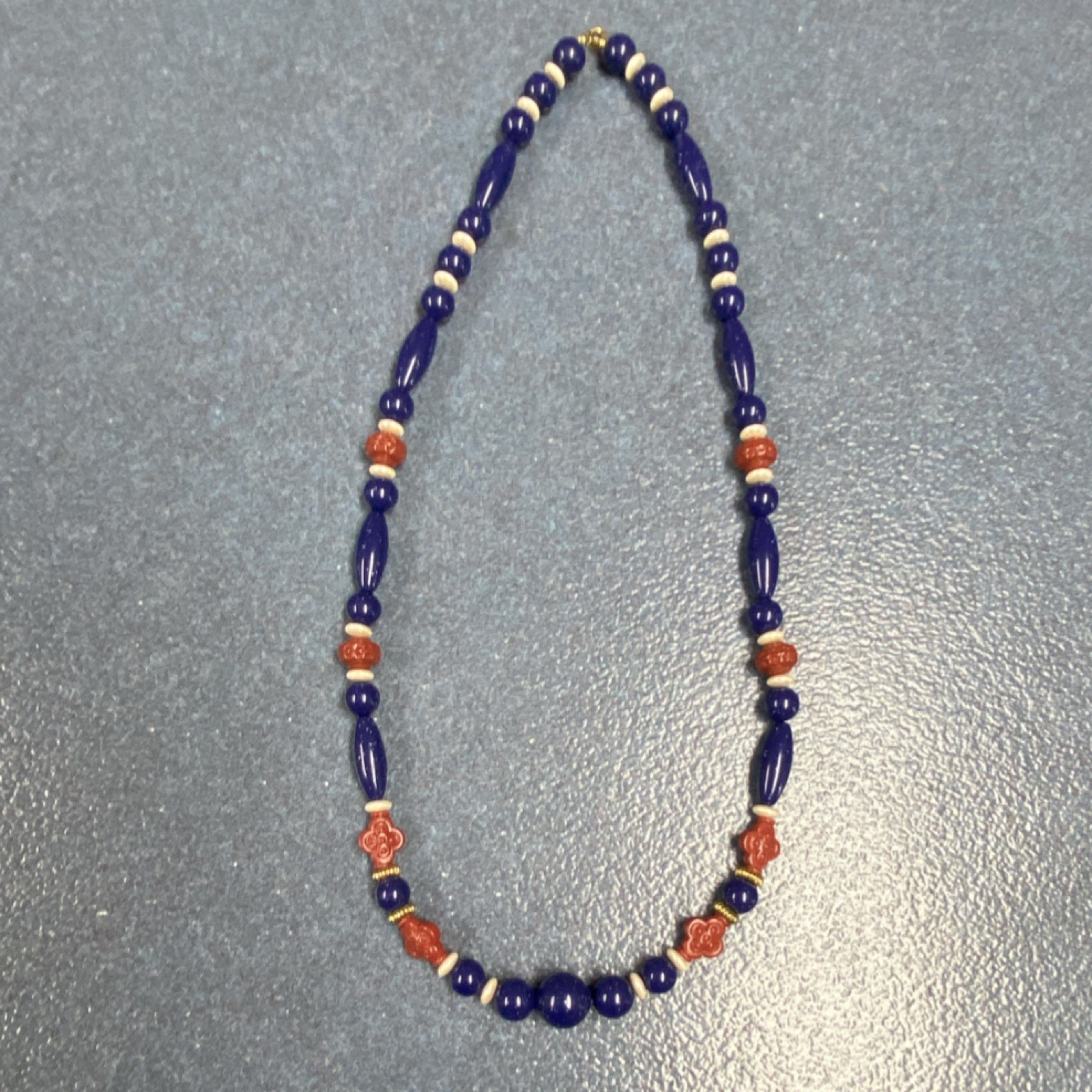 Beaded Glass Necklace Blue Red White Flower-Shaped Beads Gold Clasp