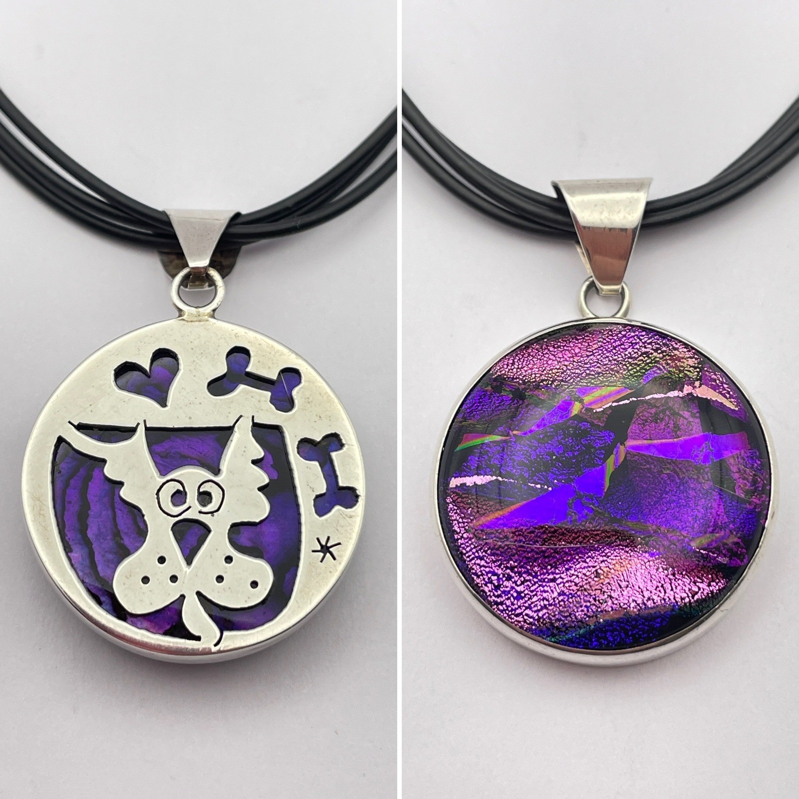 Handmade Purple Dichroic Glass Dog Reversable Necklace Leather Cord