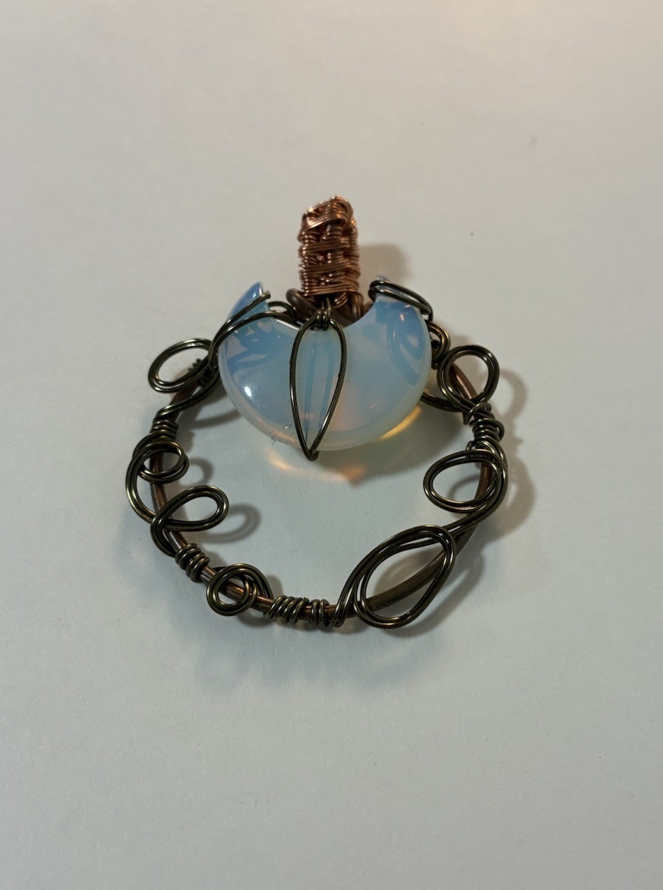 Handmade Wire Wrapped Opalite Crescent Moon Pendant Bronze Copper Tone Boho
