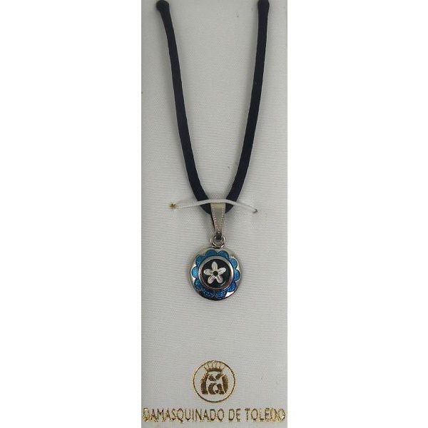 Damascene Silver & Enamel Flower Round Pendant Necklace by Midas of Toledo Spain