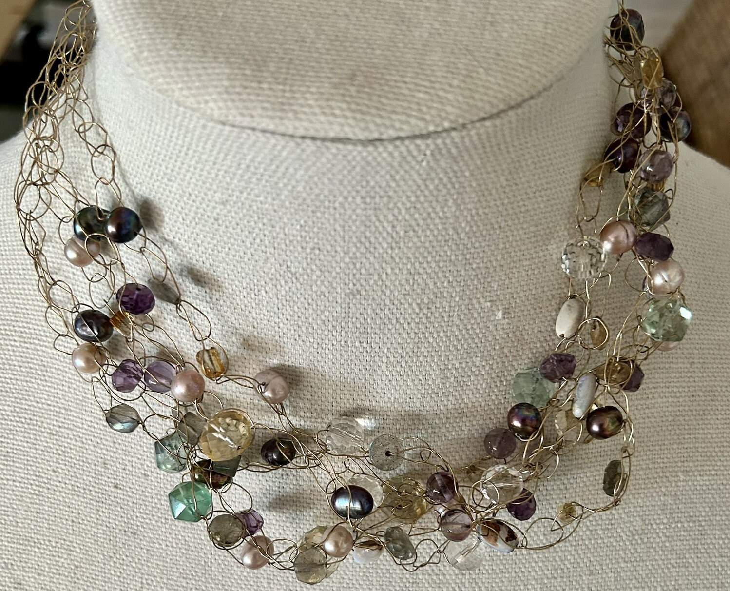 Delicate Twisted Gold Wire Necklace Beaded Tourmaline Quartz Handmade 16”