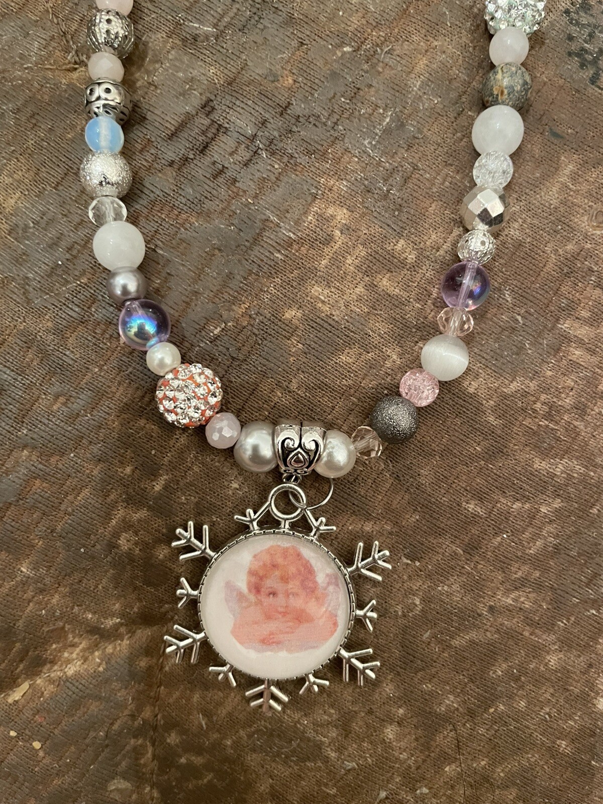 Victorian Angel Cherub Snowflake Pendant Hematite Jasper Crystal Bead Necklace