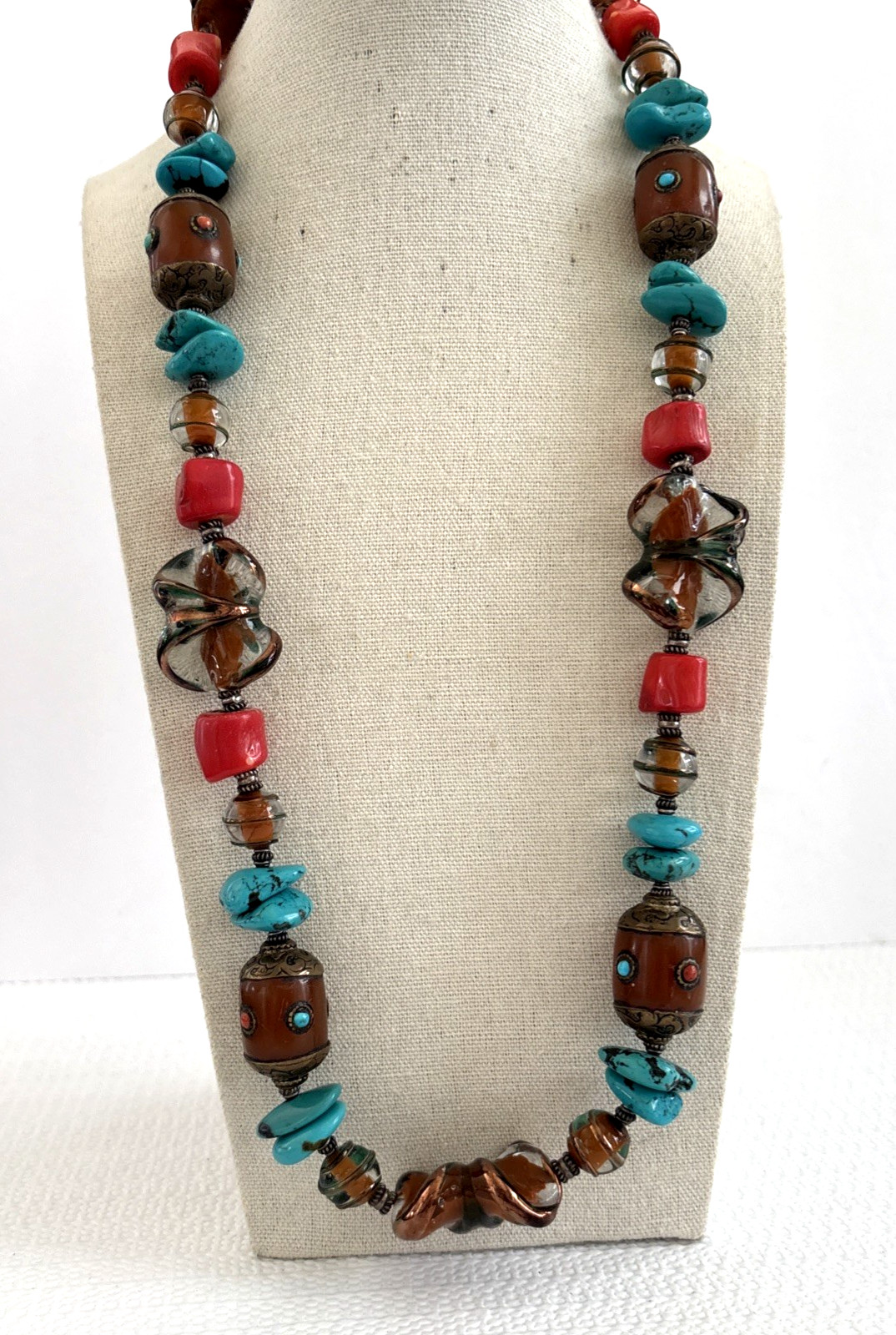 Artisan Made Chunky Gemstone Coral Carnelian Howlite Necklace 925 Sterling Clasp