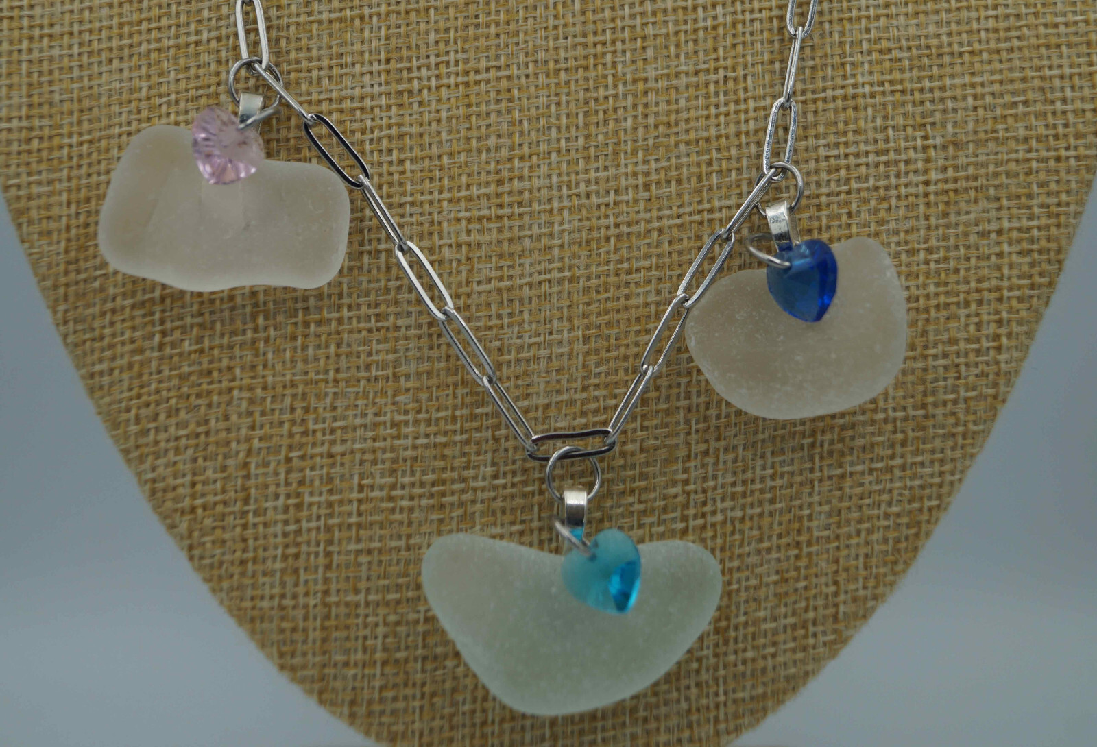 Three Sea Glass Pieces & Heart Charms on Paperclip Stainless Steel Chain (P#136)