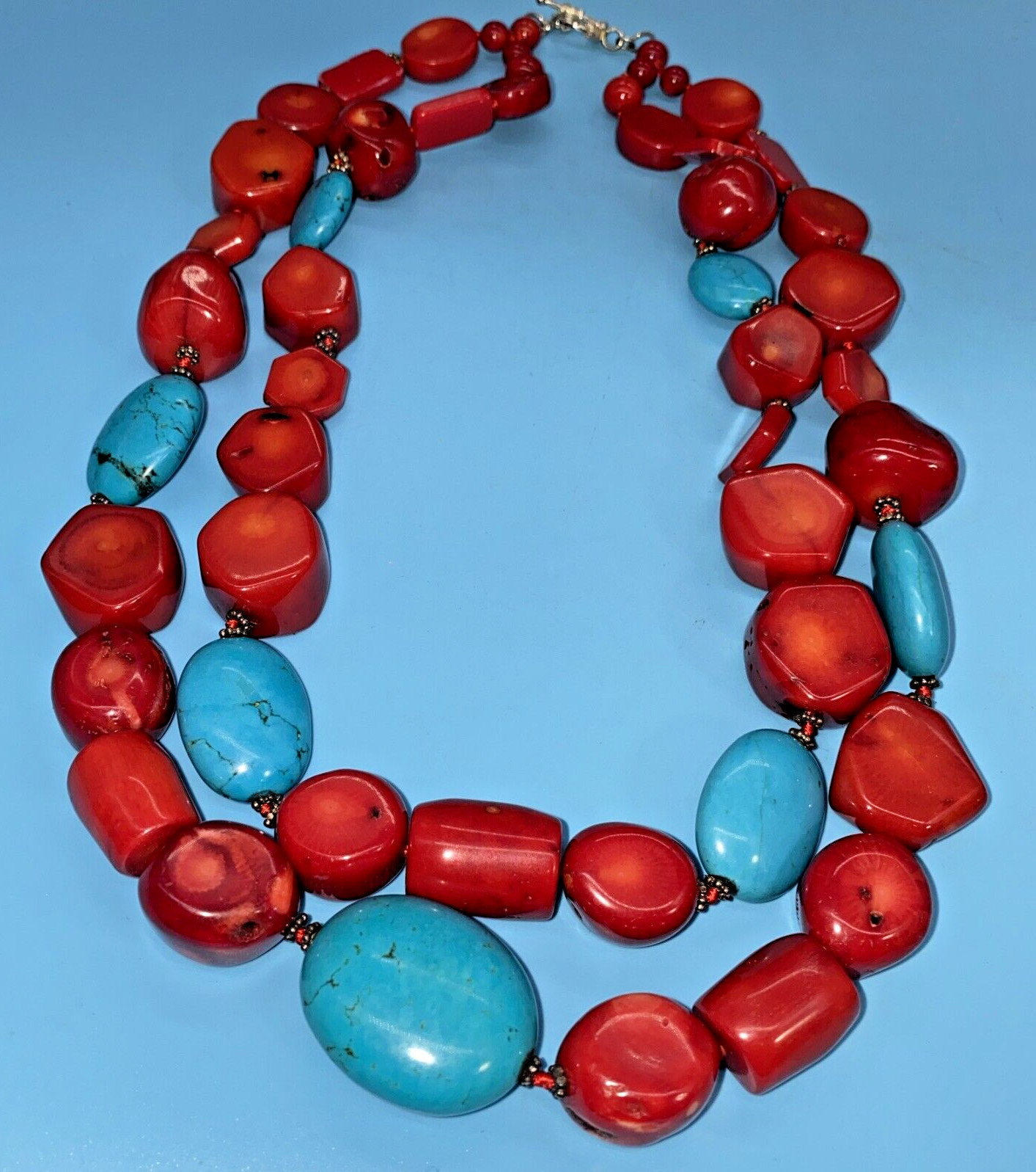 Chunky 2 Strand Textured Irregular Beads Red Bamboo Coral & Howlite Necklace VTG