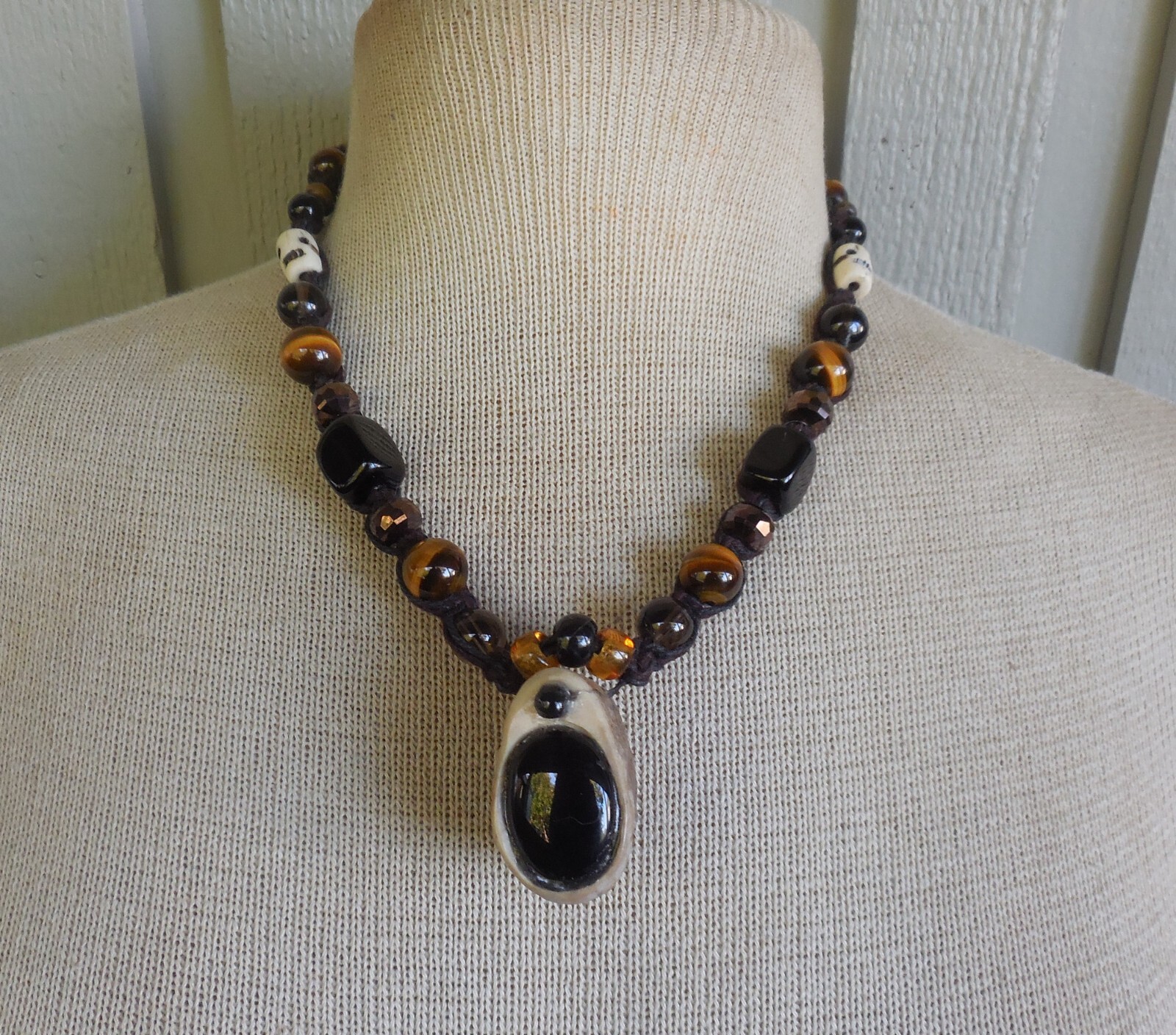 Secret Stash Onyx Antler Hemp Adjustable Necklace Tigers Eye Smoky Quartz Beads