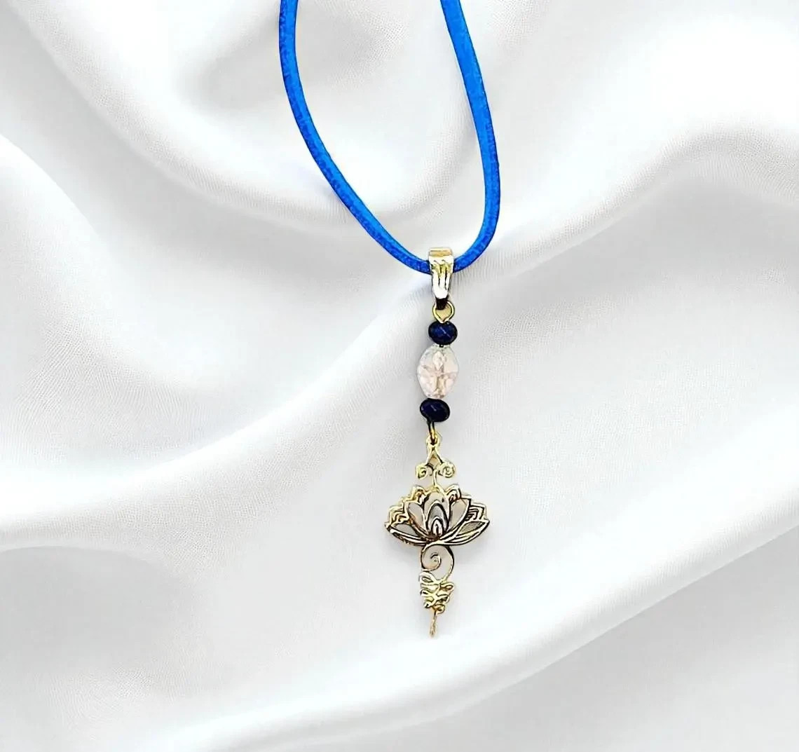 Gold Lotus Flower Gemstone Pendant Purple Suede Necklace, Meditation Jewelry