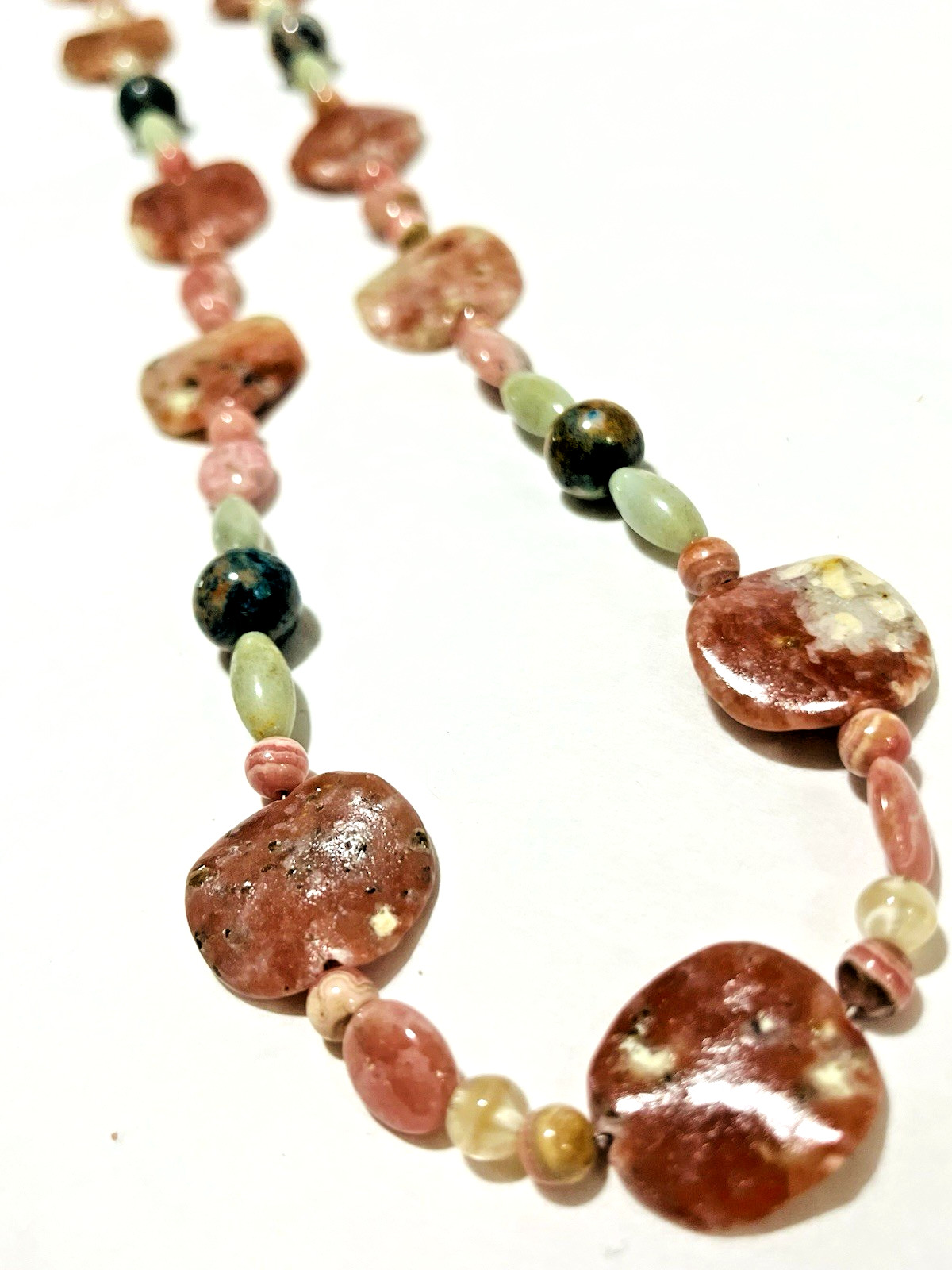 USA Artisan Pink Rhodonite Rippled Disc Bead Necklace 27″ Sterling Toggle Clasp