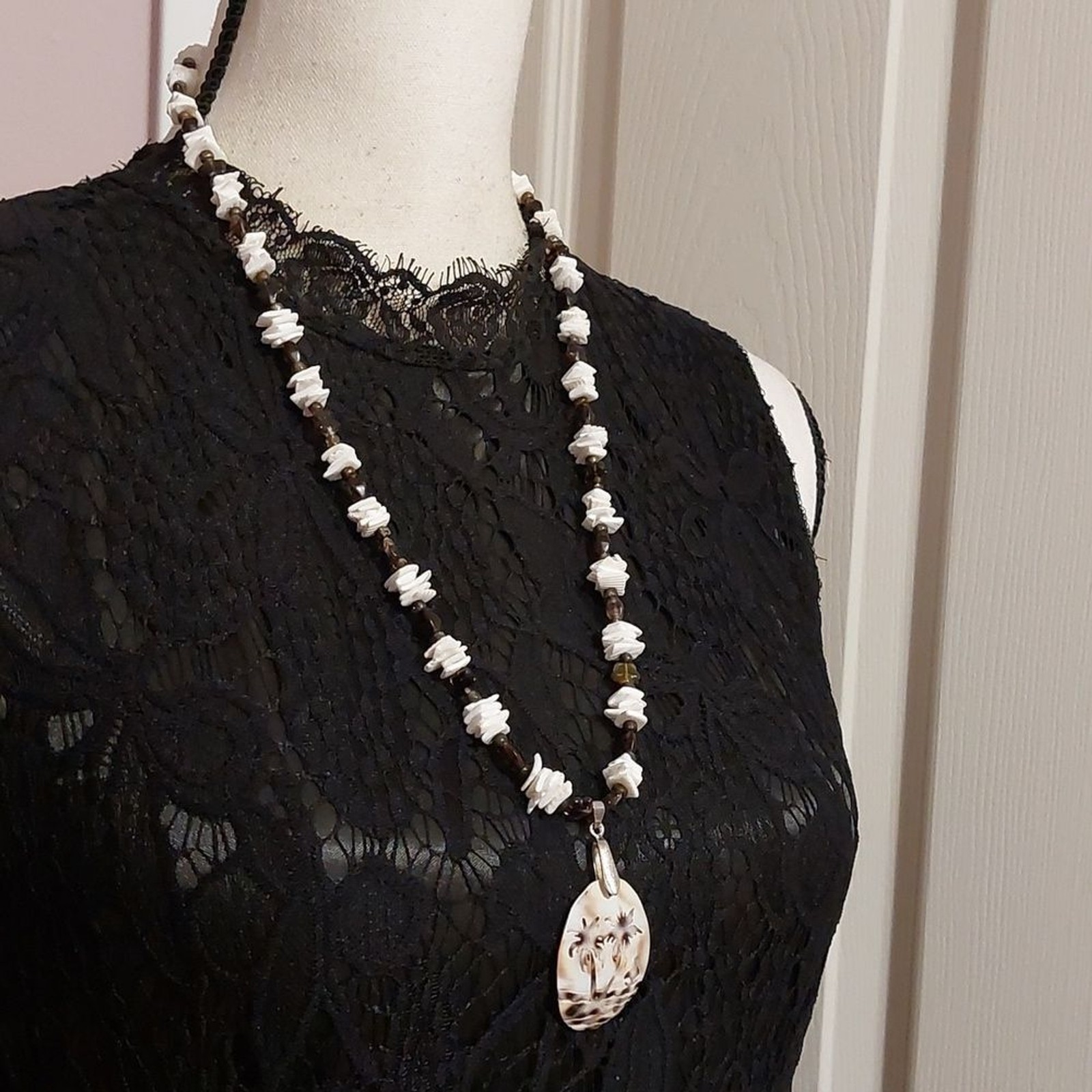 Carved Shell Tropical Island Pendant Long Beaded Necklace Toggle Clasp
