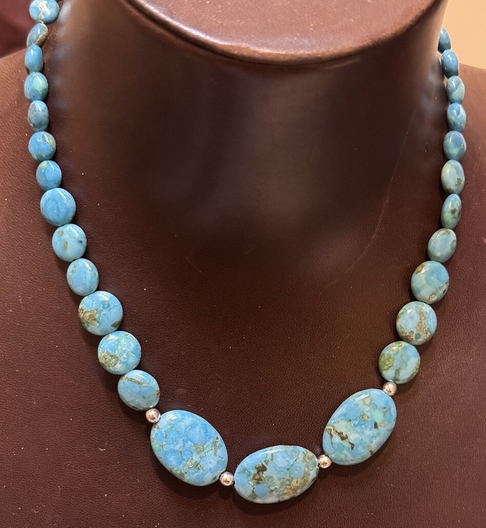 Vintage Turquoise Necklace Flat Oval Beads Sterling Silver Balls Clasp 16” – 18”