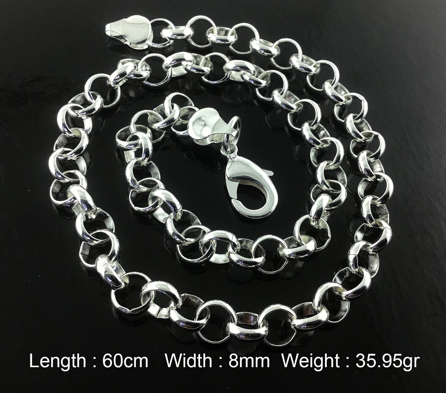 Necklace Real 925 Sterling Silver Filled Solid 8mm Rolo Belcher Chain 60cm