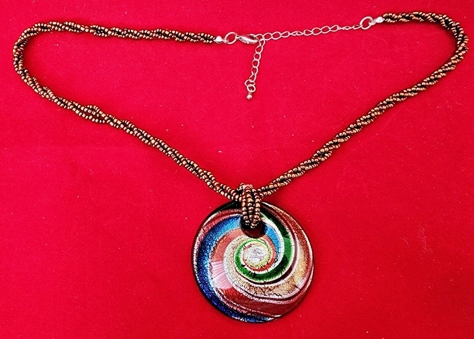 Glass Pendant Bohemian Artisan Necklace Crackle Swirl Round Red Braid Beads