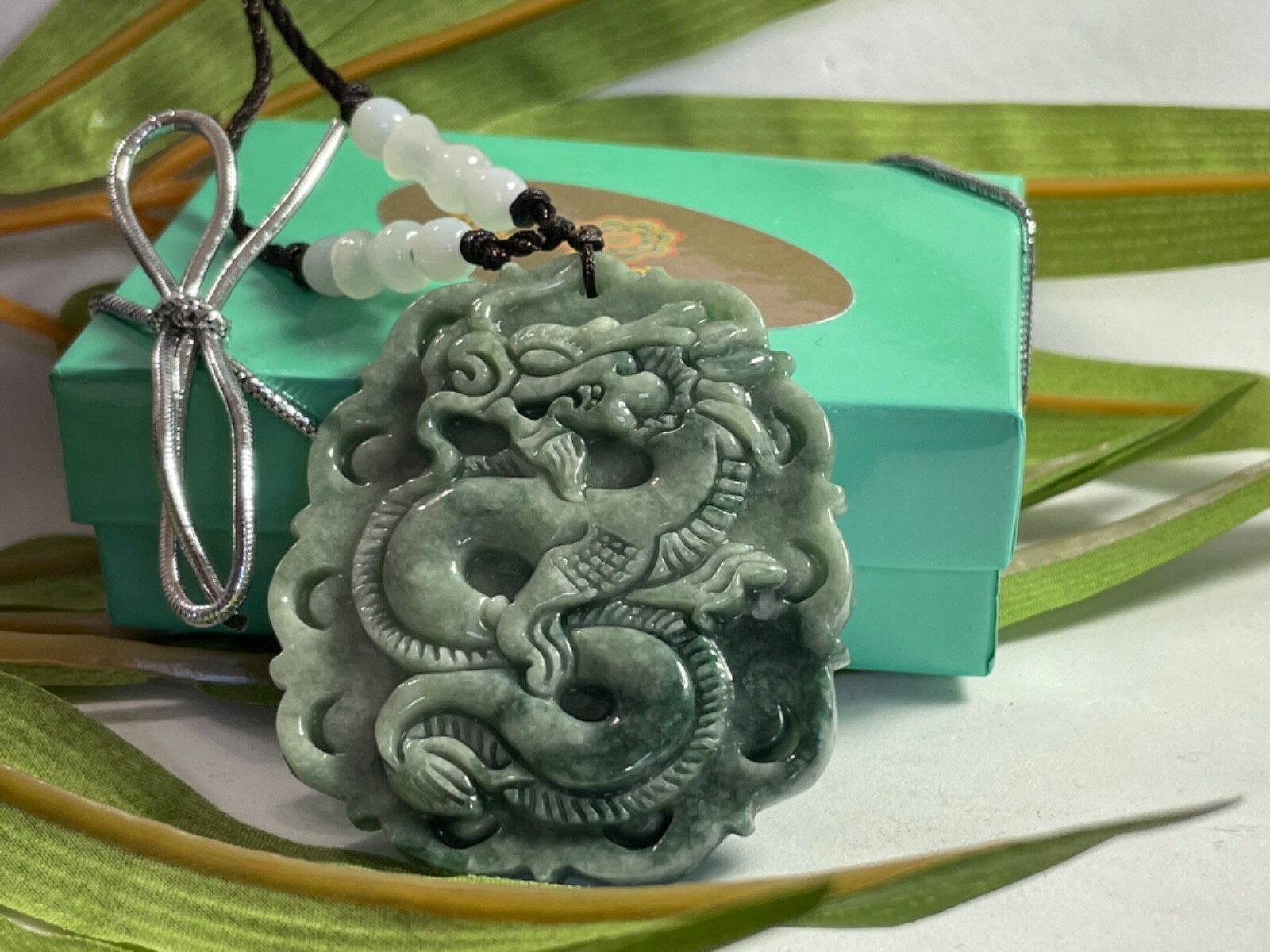 Green Dragon Jade Pendant Amulet Unisex 50x45mm Beaded Cloth Cord Good Luck