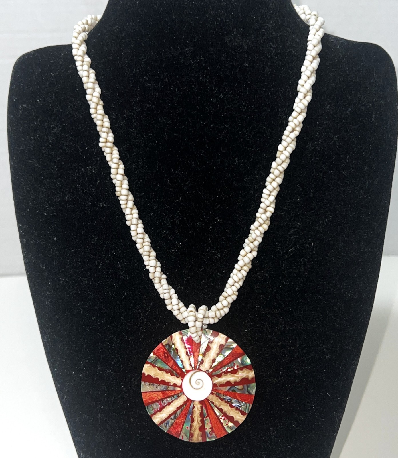 Abalone Shell Eye of Shiva Mother of Pearl Pendant Seed Bead Beaded Necklace 17″