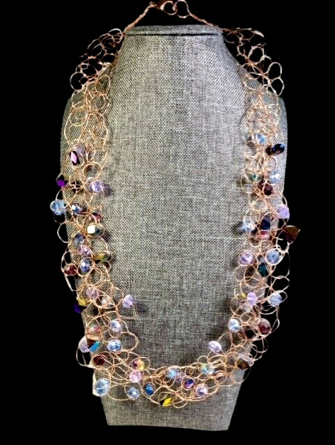 Artisan Hand Crocheted Copper Wire Beaded Bib Statement Necklace 24″