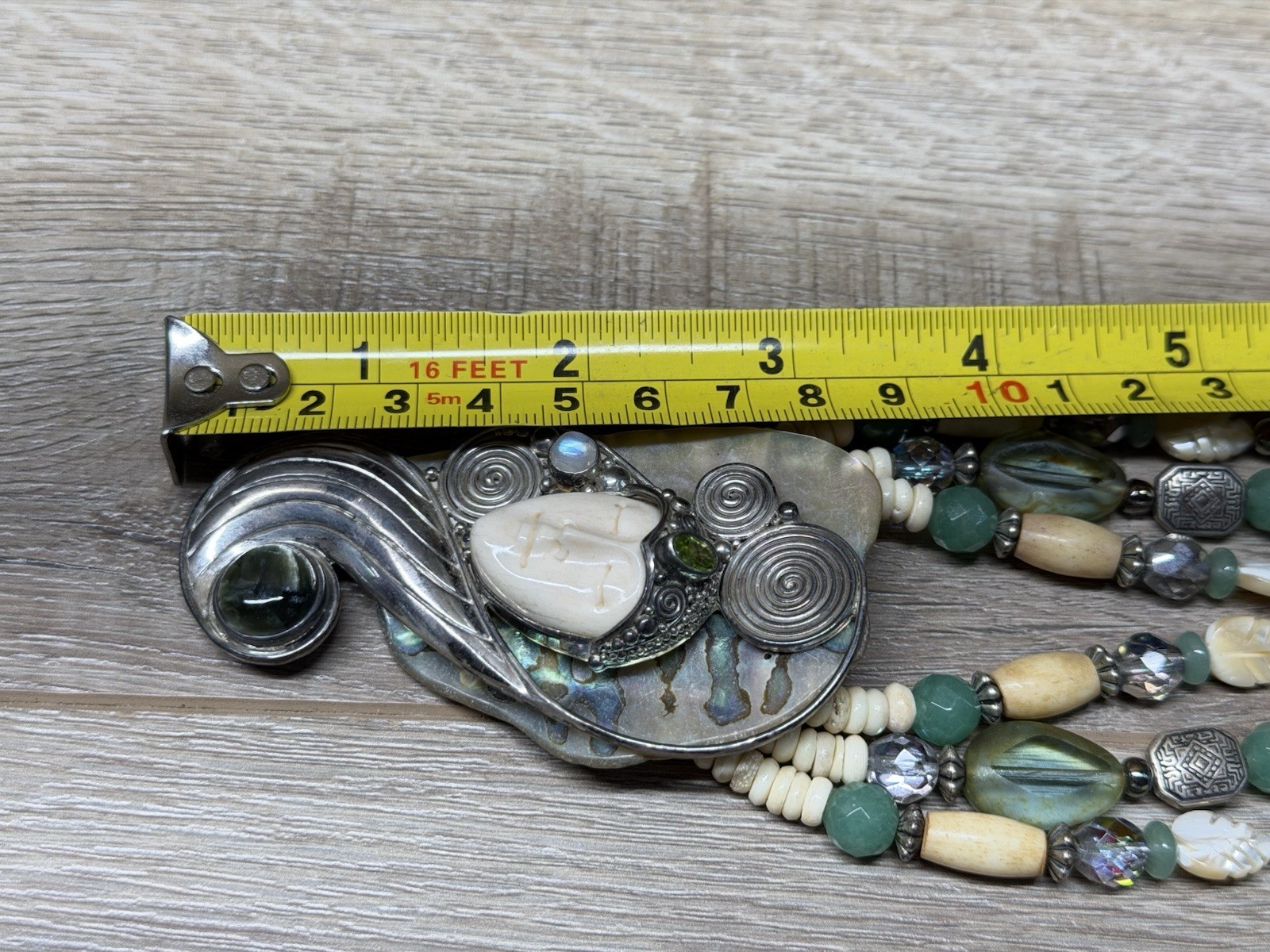 Unmarked Sterling Silver Sajen Carved Goddess Abalone & Gemstone Bead Necklace