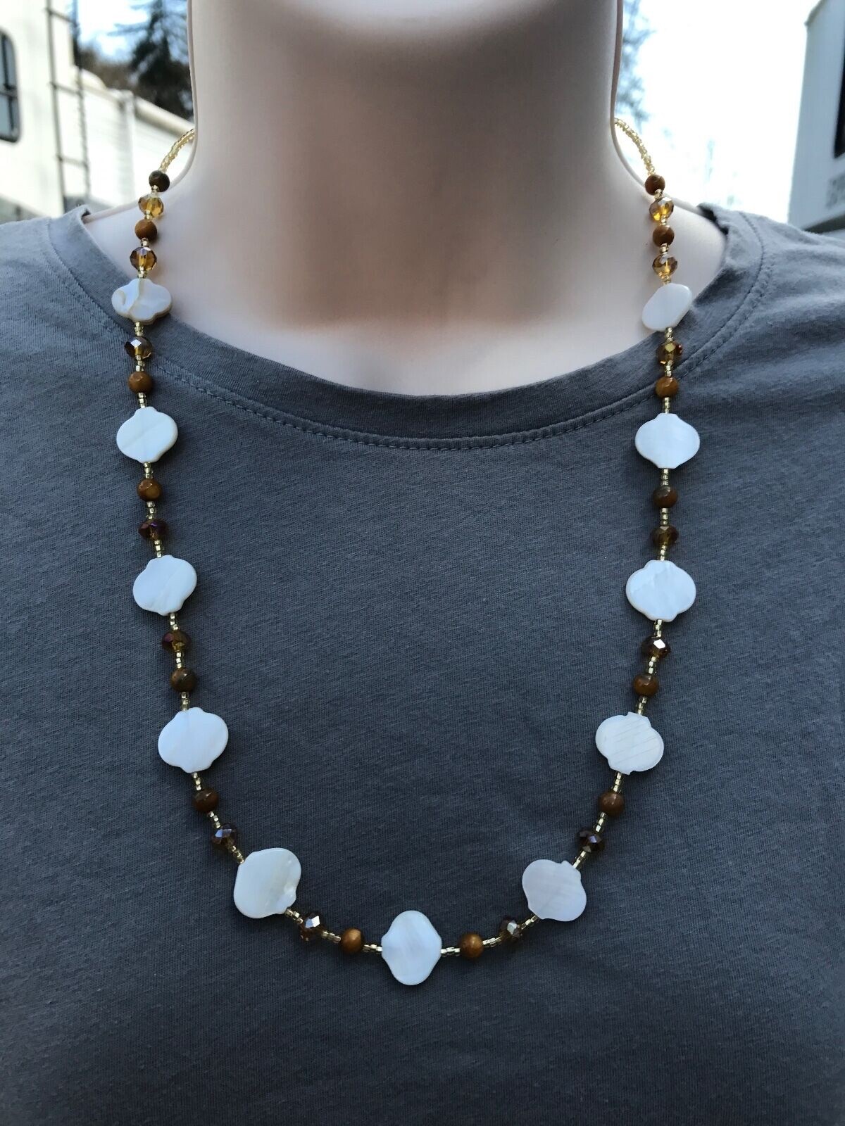 Necklace White and Brown Mother of Pearl Shell and Champagne Yellow Glass Beads
